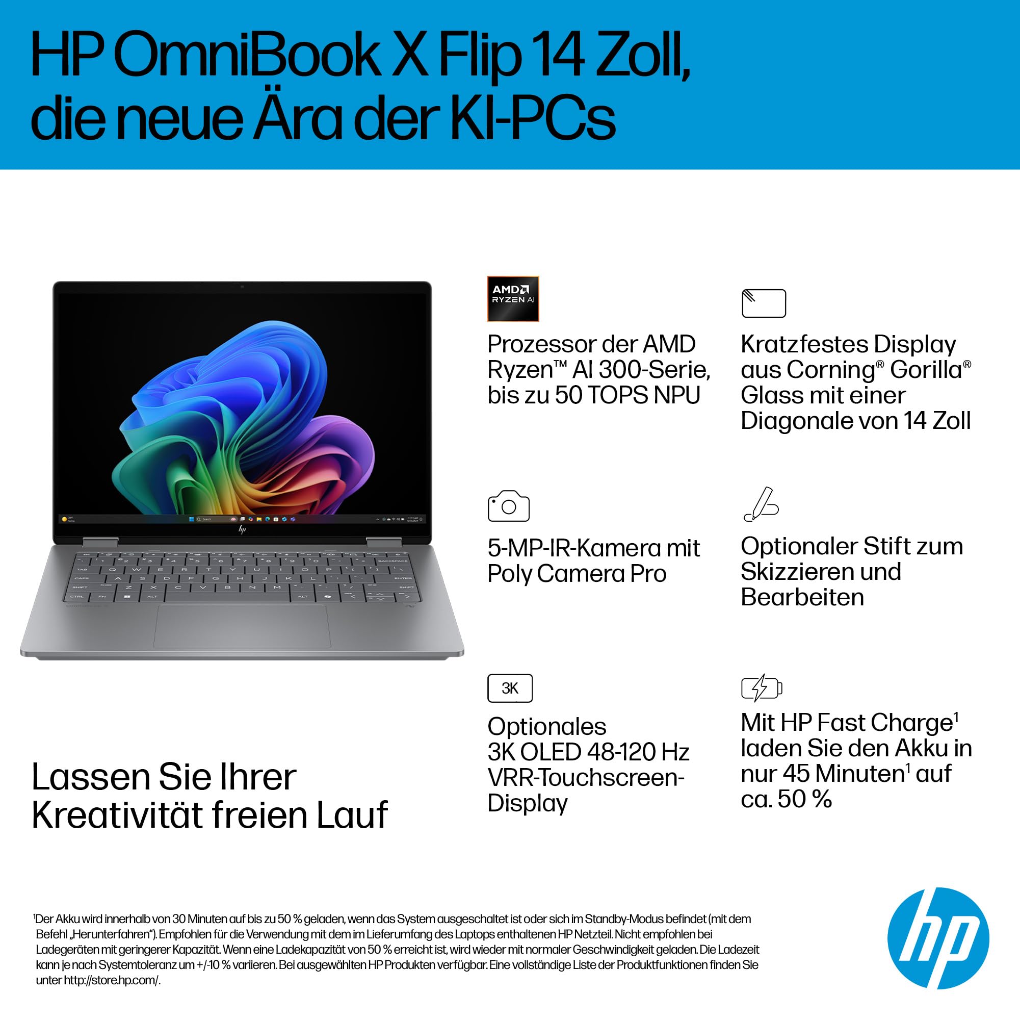 HP OmniBook X Flip 2-in-1 Laptop 14" 2K Touchscreen AMD Ryzen AI 7 16GB RAM 512GB Win11 Silber