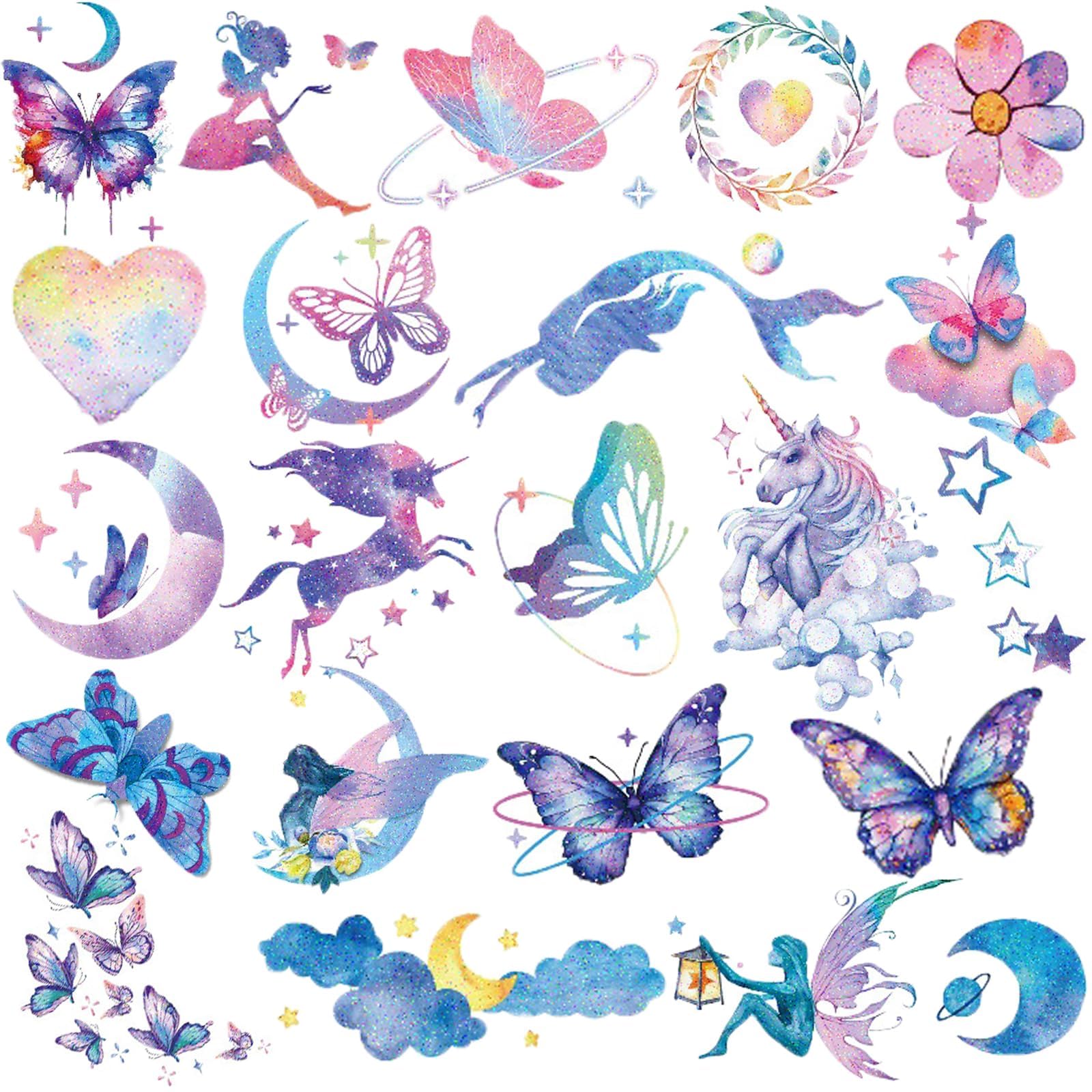 Tazweeq 12 Sheets Glitter Tattoos for Girls Women, Glitter Butterfly Moon Flowers Mermaid, Waterproof Temporary Tattoos, Birthday Party Supplies Gifts Decoration for Kids