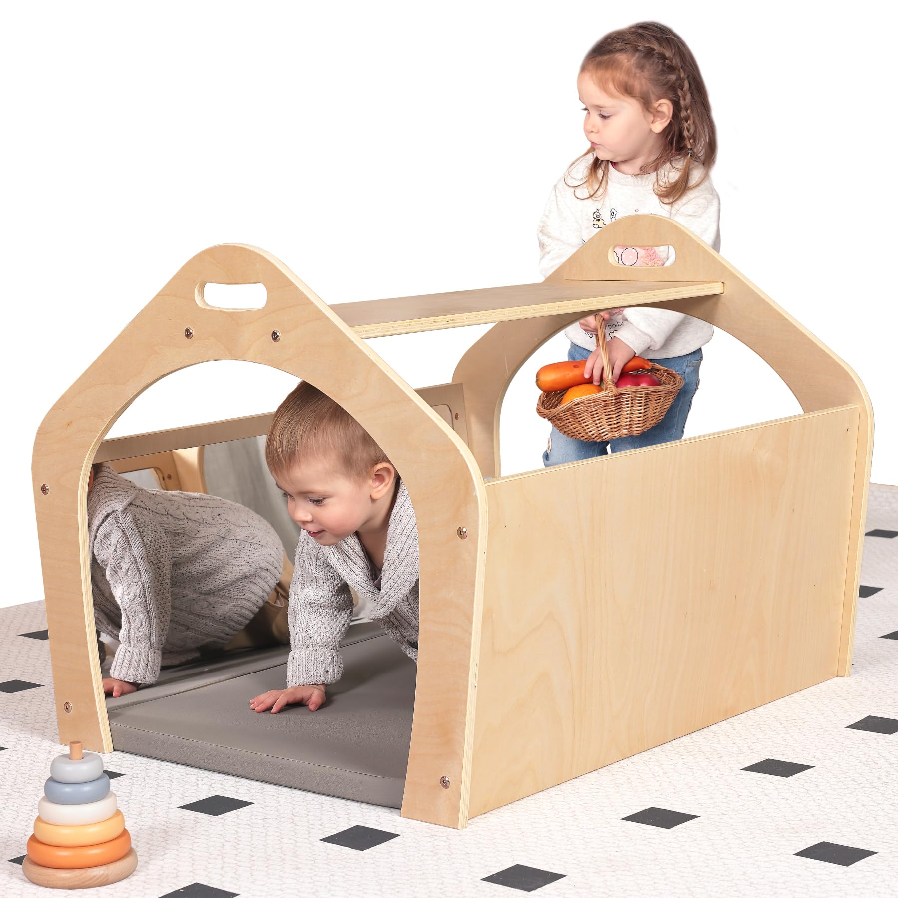 KRAND Wooden Playhouse for Toddlers w/Double Non-Shatter Safety Mirrors, Montessori Crawling Tunnel/Crawl-Through Play Set for Children and Kids, Daycare and Preschool Playroom(with Cushion)
