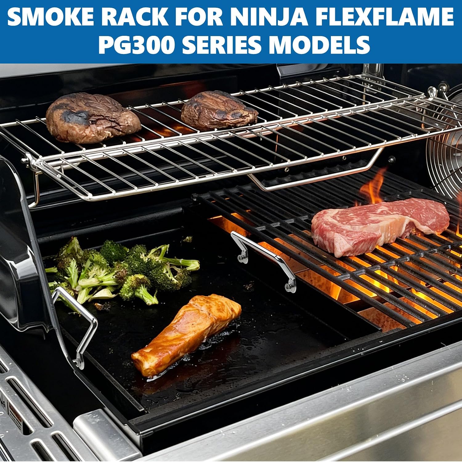 SafBbcue Griddle Warming Rack for Ninja PG300 Series, Adjustable Expandable Roast & Smoke Durable Stainless Steel Rack for Ninja FlexFlame Grill Accessories, XSKFLDINDRCTRK