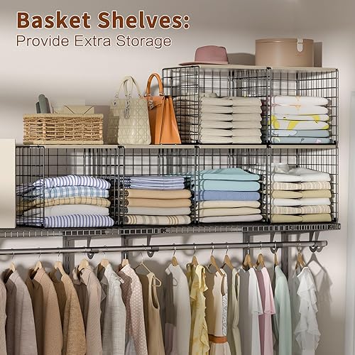 Miniatura 8 de 3 organizadores apilables de armario y almacenamiento, estantes con parte superior de madera, almacenamiento adicional, cesta organizadora de ropa,