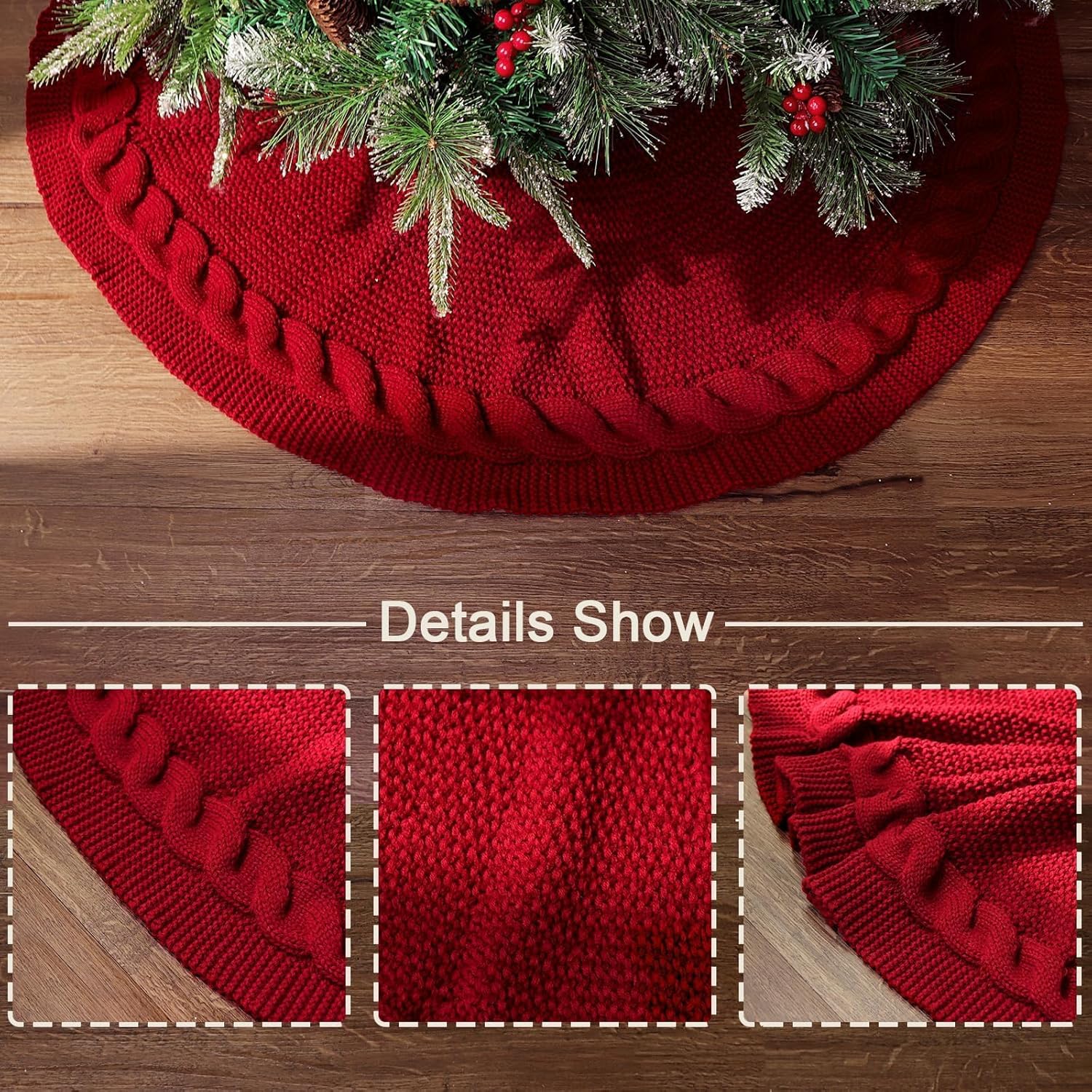 36 Inch Christmas Tree Skirt: Pencil Tree Skirt for 6FT Tree, Cable Knit Wine Red Small Tree Skirt, Vintage Tree Skirts, Rustic Farmhouse Christmas Decorations