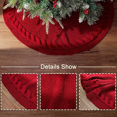 Miniatura 3 de 36 Inch Christmas Tree Skirt: Pencil Tree Skirt for 6FT Tree, Cable Knit Wine Red Small Tree Skirt, Vintage Tree Skirts, Rustic Farmhouse Christmas