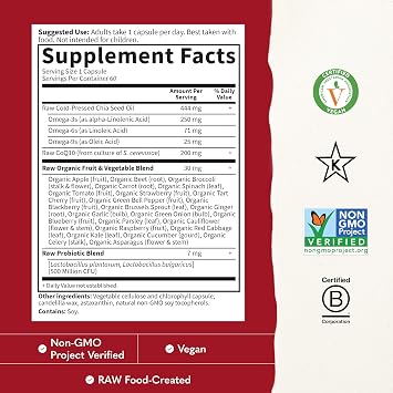 Garden of Life Raw CoQ10 200mg, with Omega 3 6 9 for Heart Health, 60ct
