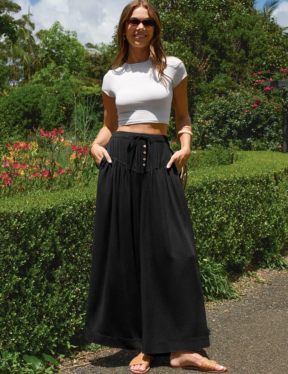 TARSE Women Linen Wide Leg Pants Palazzo High Waisted Boho Loose Casual Lounge Pant Beach Travel Vacation Outfits - Image 2