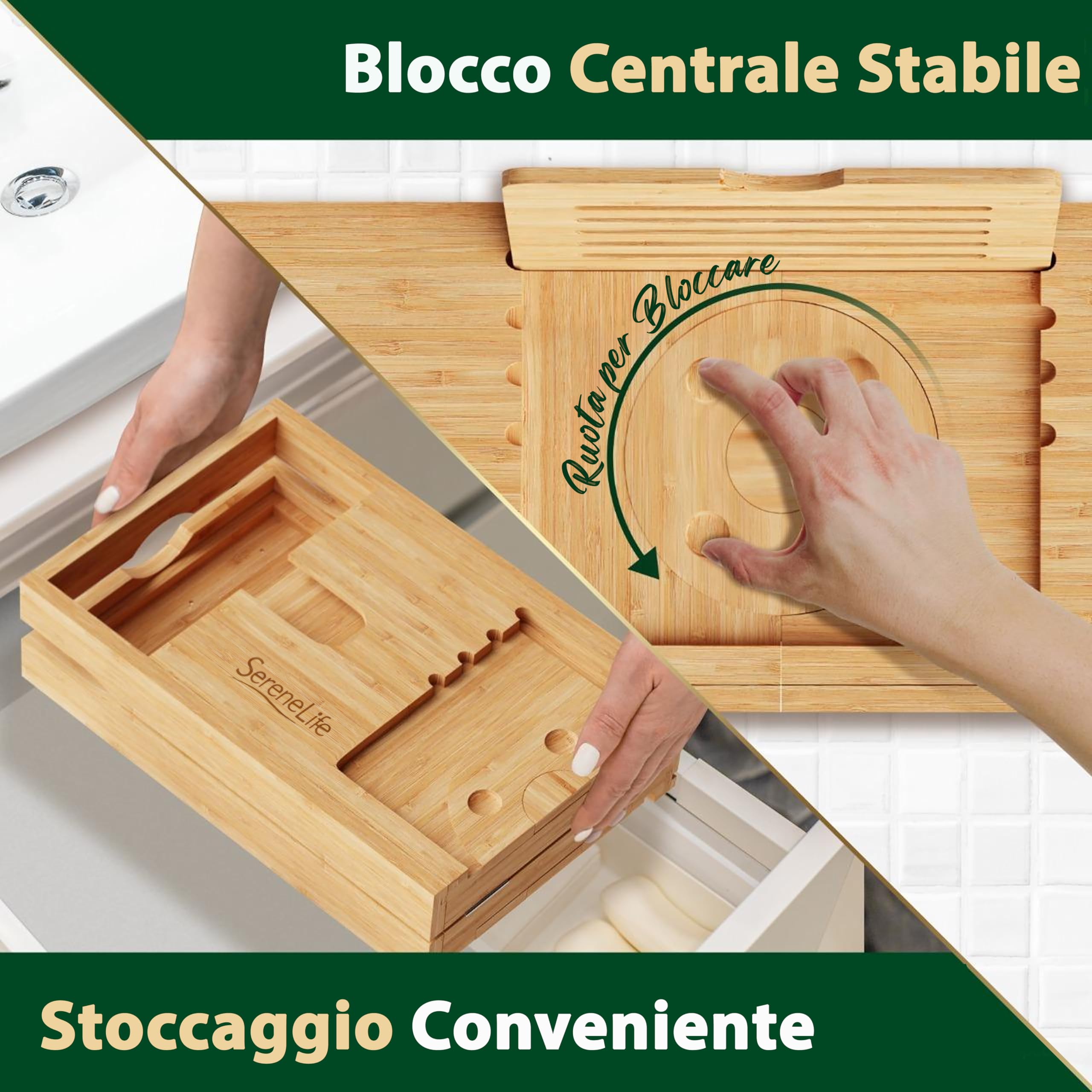 SereneLife Portaoggetti Bagno in Bambù con Design Pieghevole e Bloccabile, Espandibile da 76 Centimetri a 109 Centimetri, Facile da Riporre, Cerniere Pieghevoli