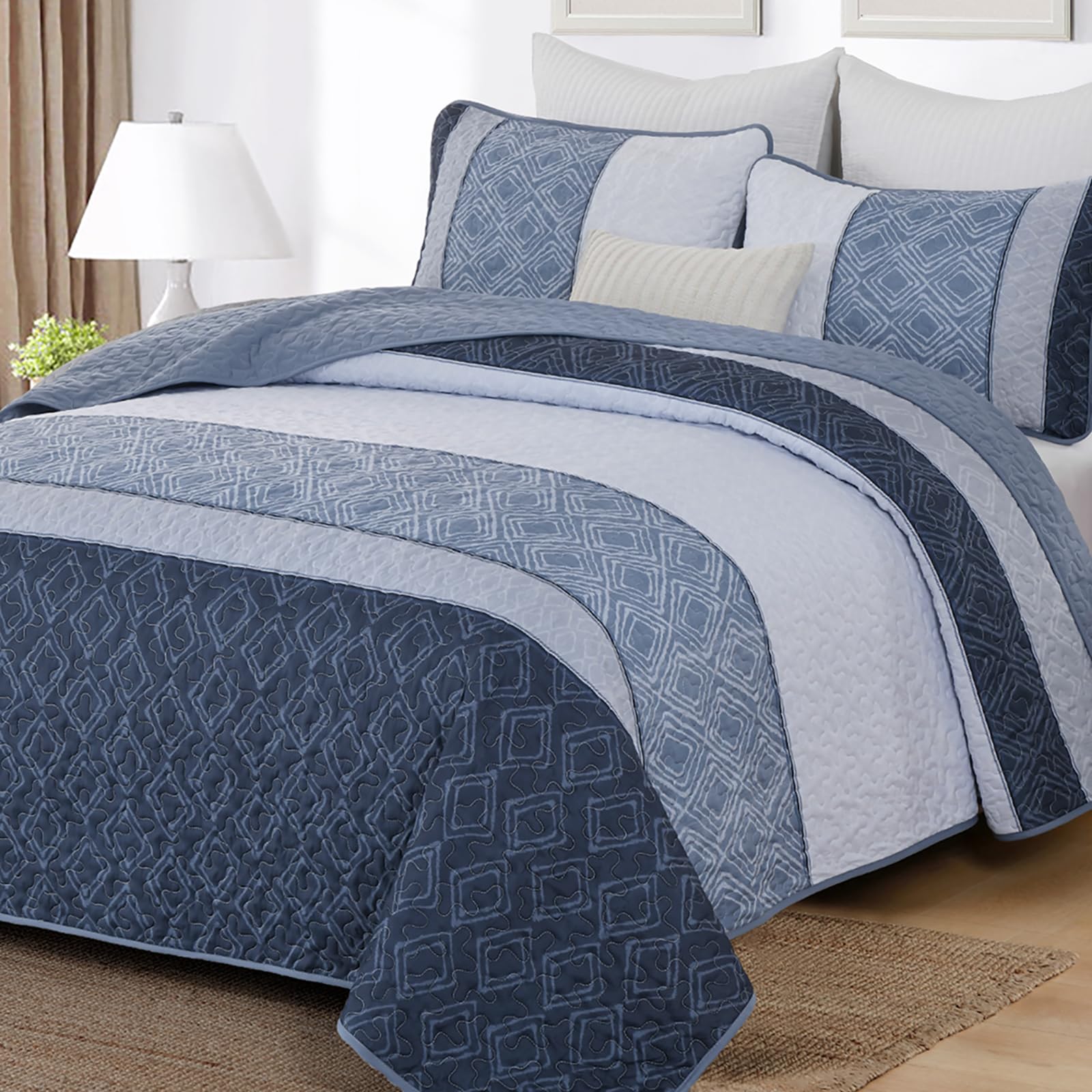 Cottolester Quilt Set California King Size 3 Pieces,Striped Plaid Bedspread Coverlet Set,Mineral Blue Boho Summer Bedding Set Soft Microfiber Bedding Set with 2 Pillow Shams 112"x96" — image 1