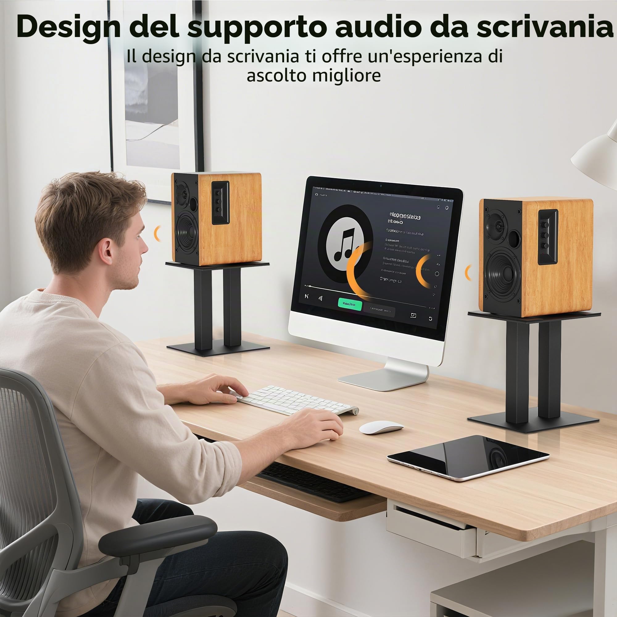OUUTMEE Supporto audio per desktop, altezza 25 cm, in metallo, con strisce in gomma antiscivolo e ammortizzanti, nero, coppia (grande)