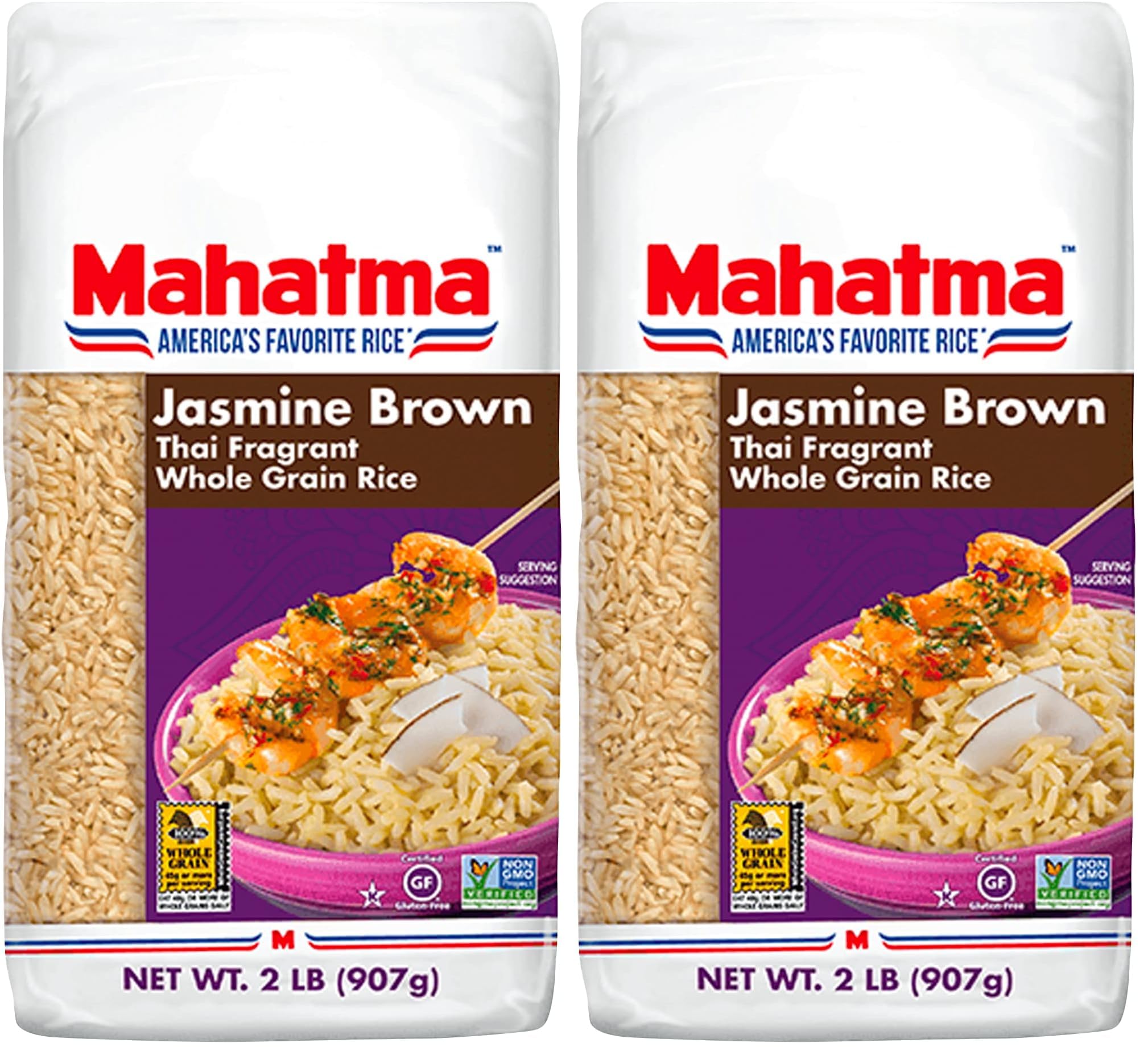 Mahatma Brown Jasmine Rice Bag 32-Ounce, Brown Thai Jasmine Rice, Microwave Rice in 20 Minutes or Cook on Stovetop in 30 Minutes (Pack of 2)