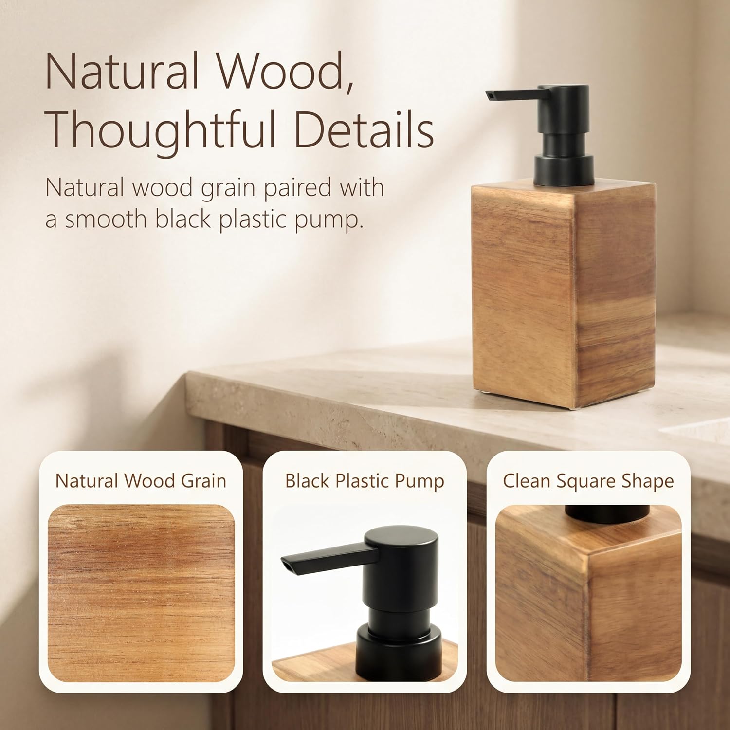 Wood Soap Dispenser with Matte Black Pump, Manual Dispenser (7 oz)