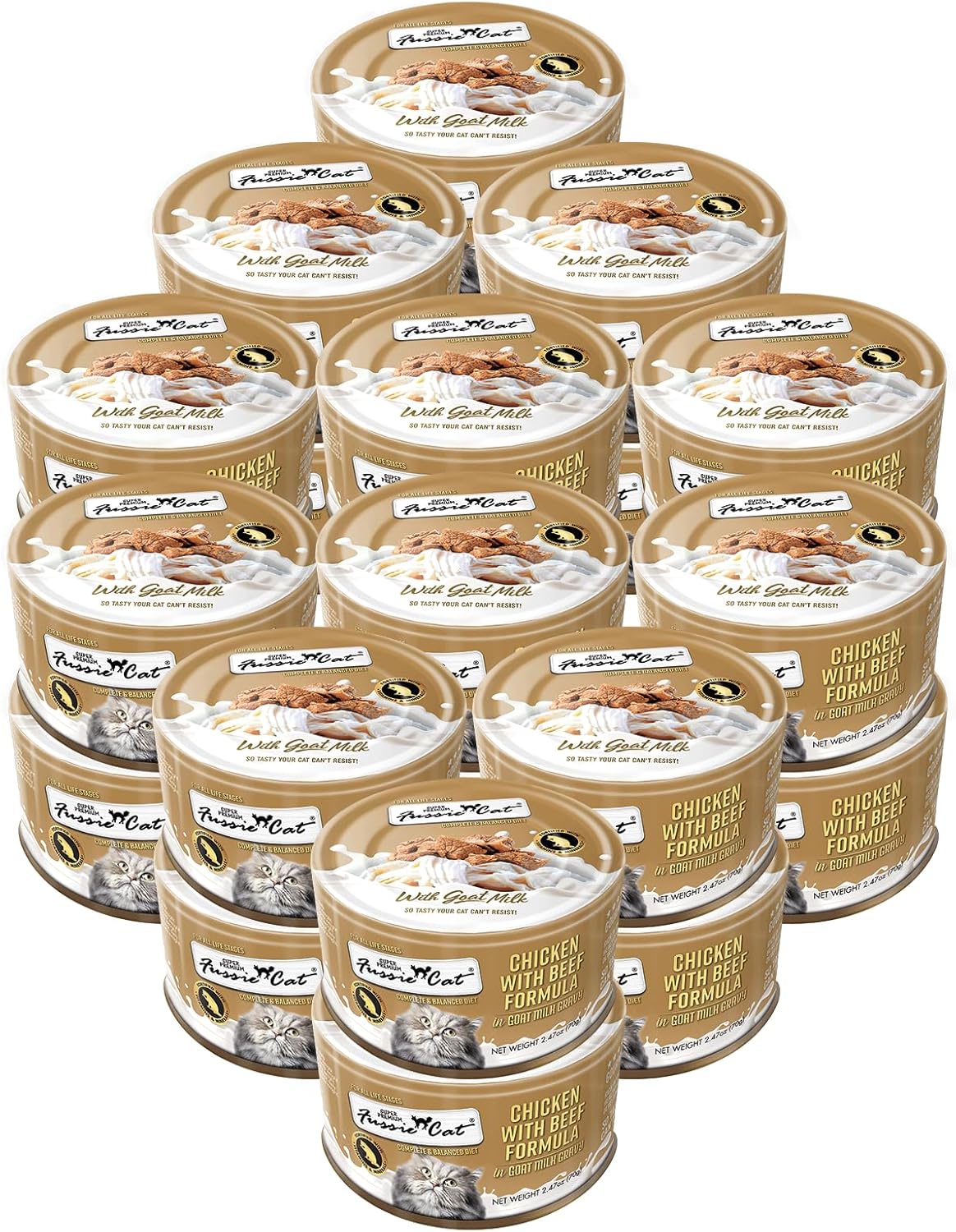 Fussie Cat Wet Canned Cat Food in Goat Milk, Chicken&Beef Formula, 2.47-oz cans, case of 24, Bundle Pack with HS Can Lid
