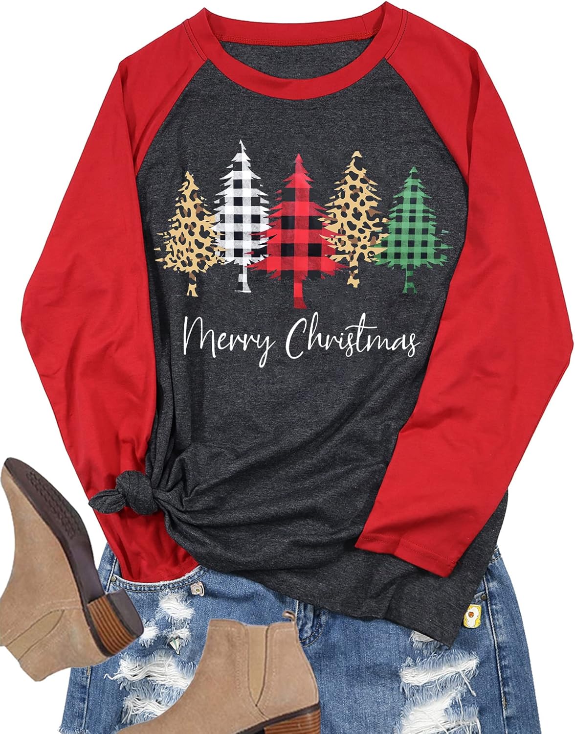 Plus Size Christmas T Shirt Women Xmas Leopard Plaid Trees Print Tees Casual Long Sleeve Holiday Shirts Top - Image 2