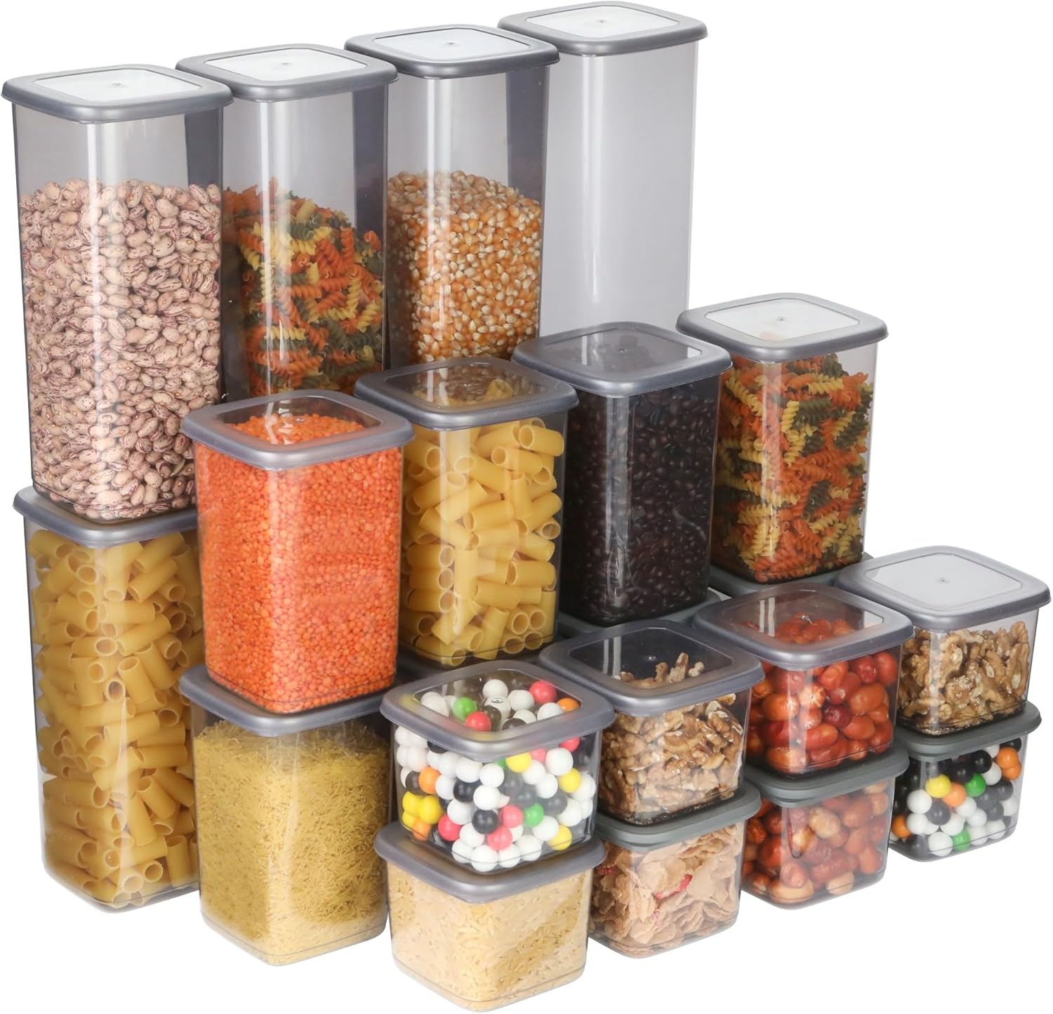 T&D HOME GOODS Storage Jars with Lid, Airtight, Set of 24 Storage Containers, BPA-Free, Storage Container for Cereal, Flour, Kitchen, Practical Organiser Kitchen, (24, 3 Square diff size)