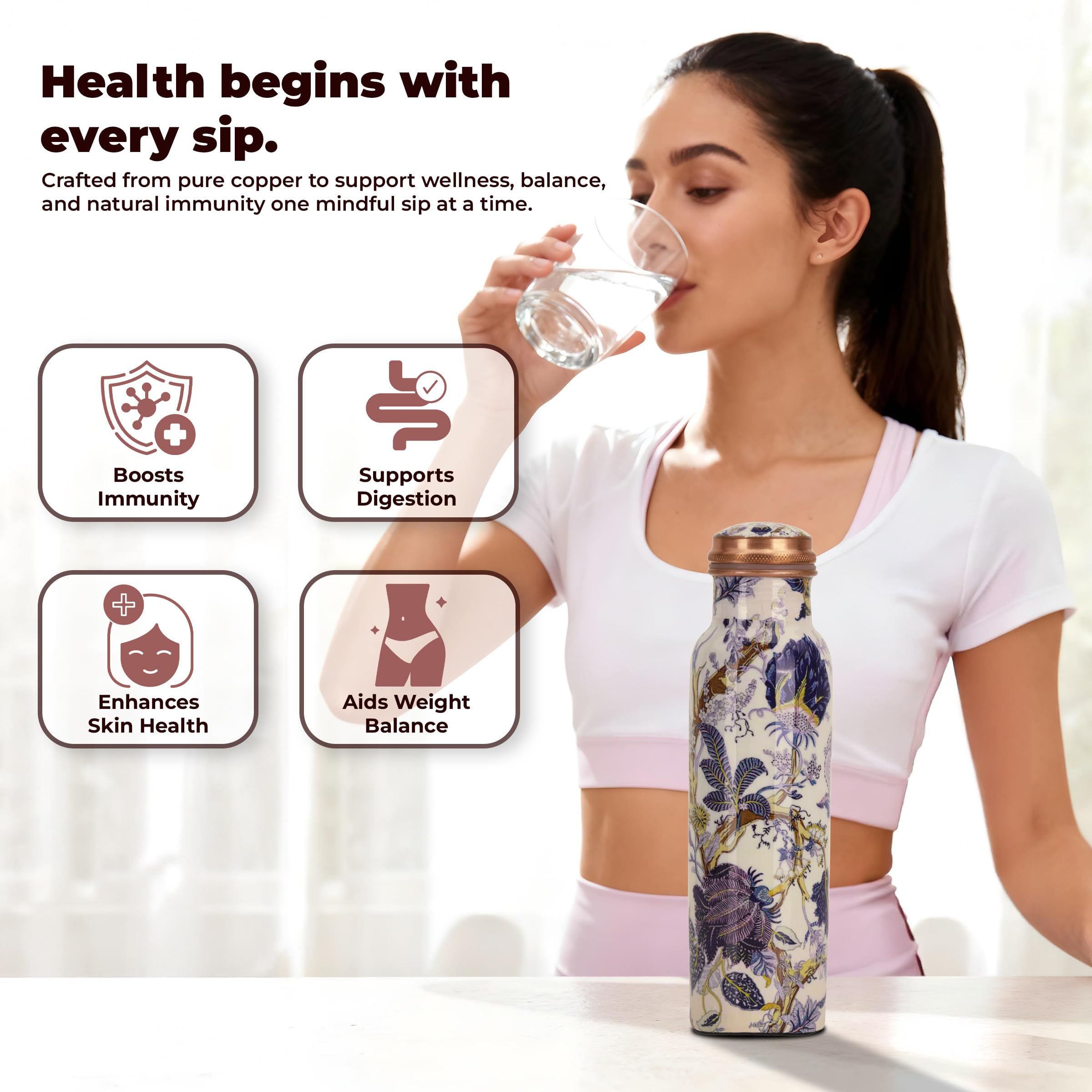 Botella de agua de cobre ayurvédica de 32 onzas, recipiente de cobre puro para beber, botella de cobre a prueba de fugas con bolsa de transporte para deportes, fitness, yoga