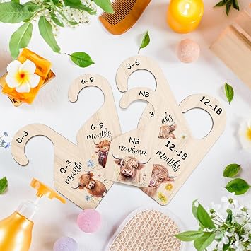 RattanView 7 Pcs Highland Cow Baby Closet Dividers for Clothes Organizer Double Sided Wooden Nursery Closet Dividers for Baby Boy Girl Newborn to 24 Months Home Nursery Supplies