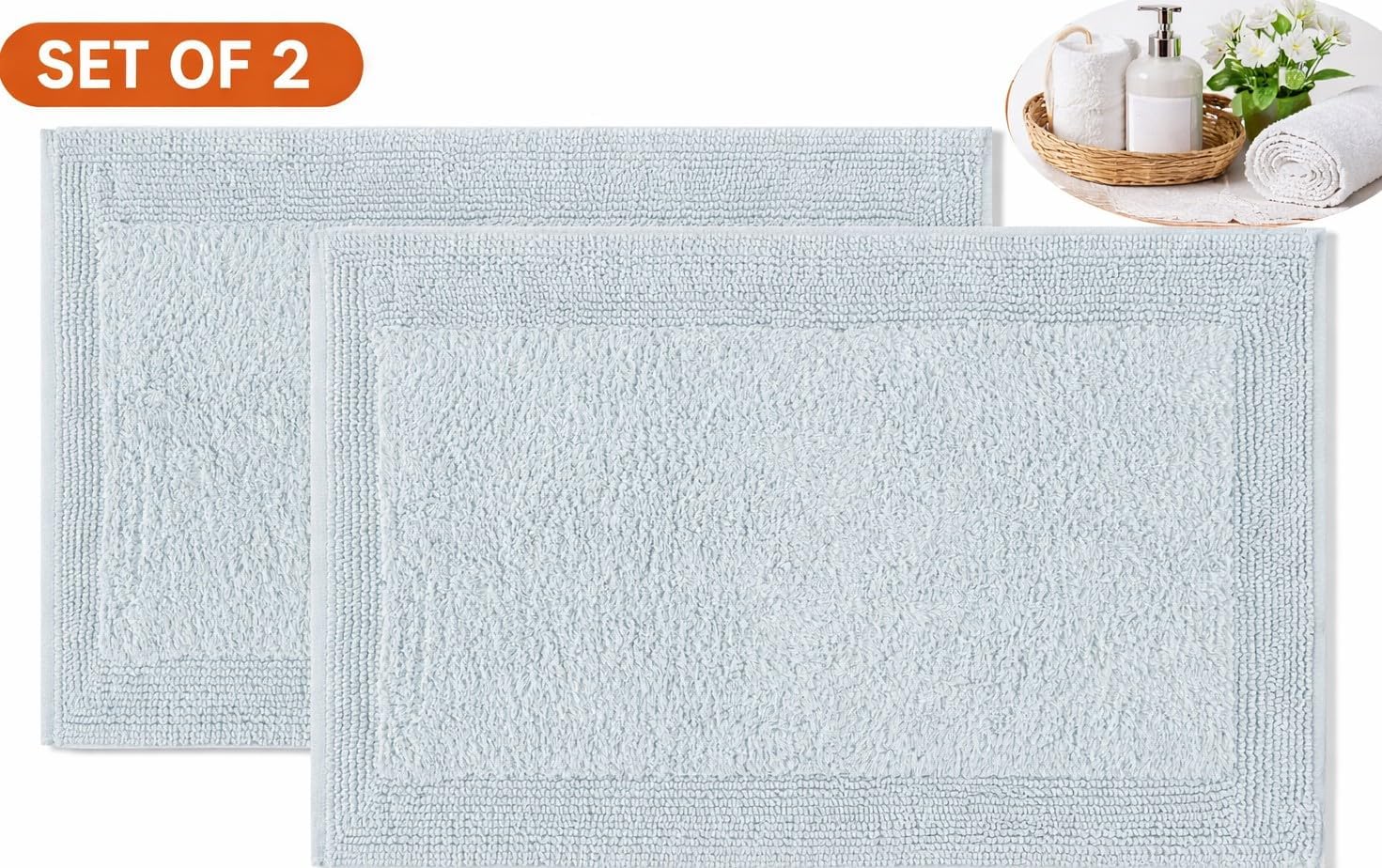 Bedding Craft Bathroom Bath Mat Rug – 100% Cotton, Reversible, Water Absorbent, Machine Washable, Soft Bathmat for Tub Side, Sets 2 Pieces (17x24+21x34) Silver Grey