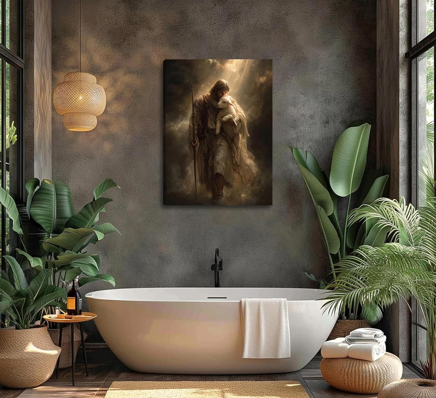 Jesus and Lamb Canvas Wall Art Jesus the Good Shepherd Poster Printings Religious Christian Paintings Inspirational Bible Faith Wall Decoration for living room, Church, Prayer room Decor 16x24 Inch