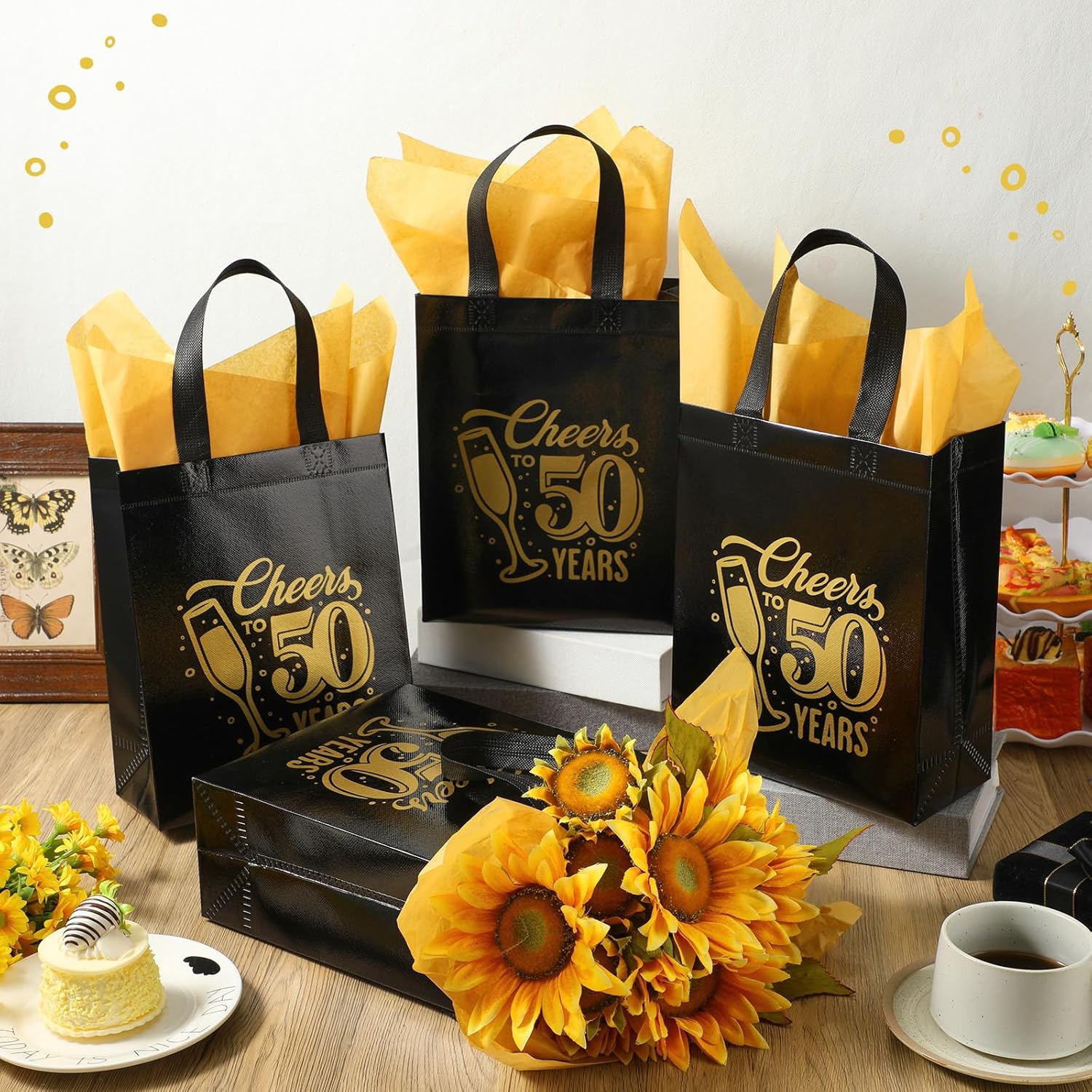 Sweetude 25 Pack 50th Birthday Gift Bags Cheer to 50 Birthday Party Glossy Reusable Tote Bags with Handles and Tissue Paper for Party Decorations Supplies, 8 * 4 * 10 Inch