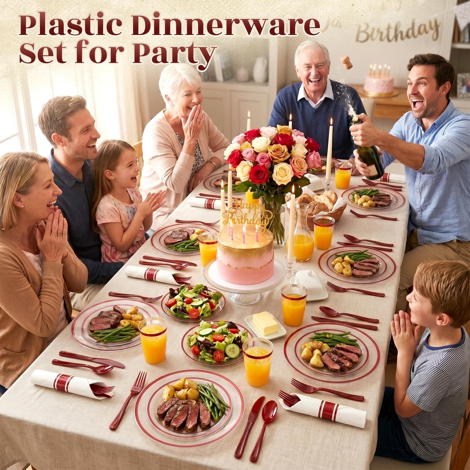 350 Clear Red Plastic Plates - 50 Guest Dinnerware -5 350 Clear Red Plastic Plates - 50 Guest Dinnerware -5