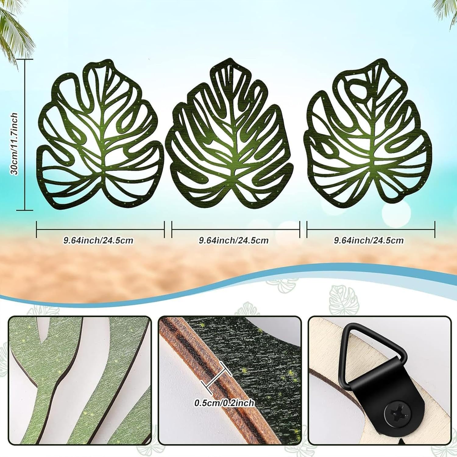 Fenteer Photo Frame Resin Picture Frame Stand Hanger Card Display Palm Leaves Wall Plaque Wood Wall Decor Handcrafted Resin and Wood Suitable for Bedrooms