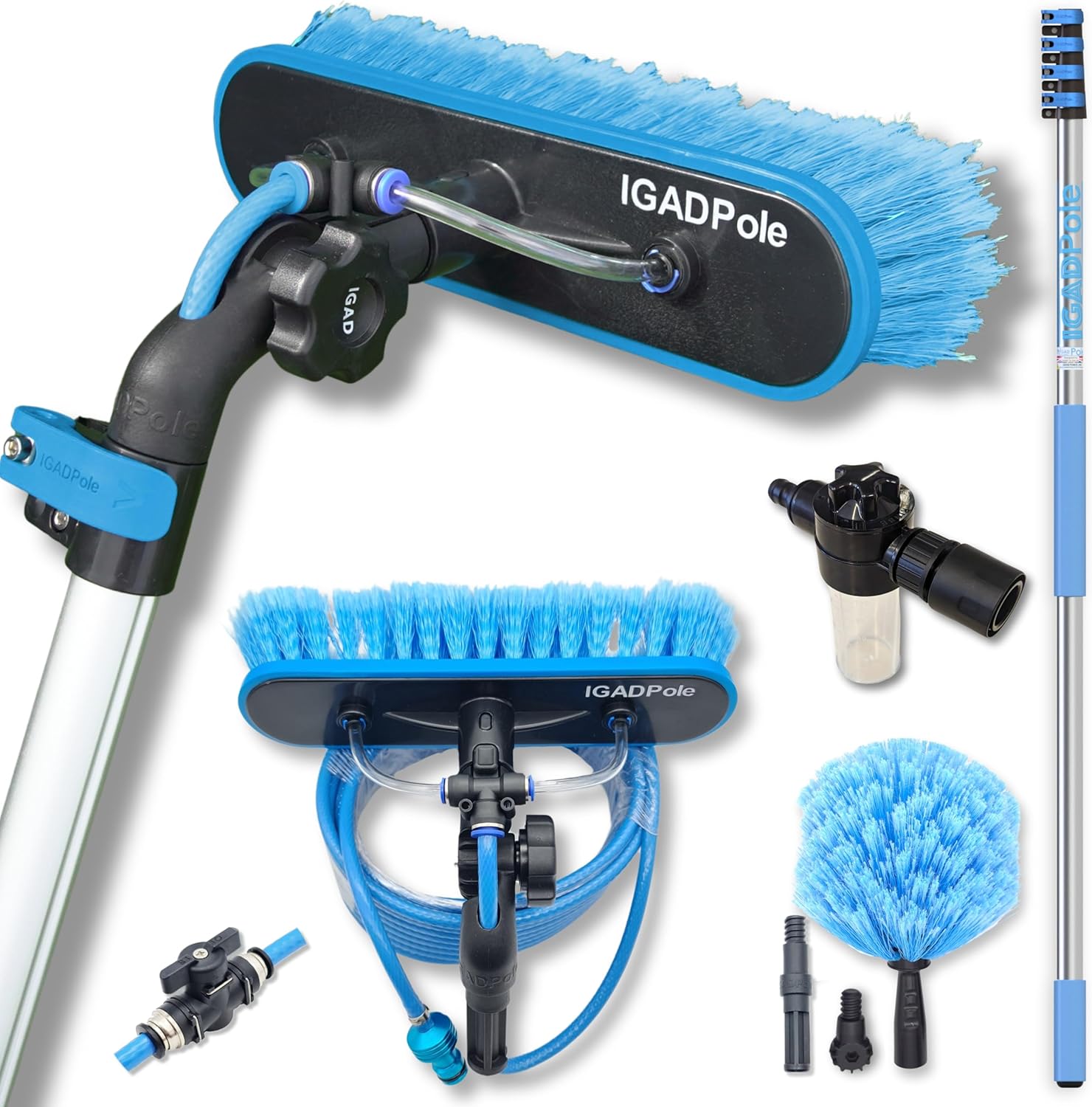 23ft igadpole washing kit: water-fed brush with soap dispenser, cobweb dusters, with 4-stage telescoping pole 5-17ft pole/window and dusting cleaning kit