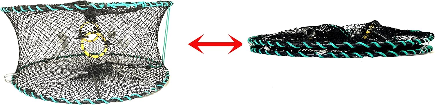 2-Pack of KUFA Sports Foldable Prawn Trap (Stretched Mesh Size:1-1/8") with 400' Rope, Yellow Float, Bait Bag & Harness Combo