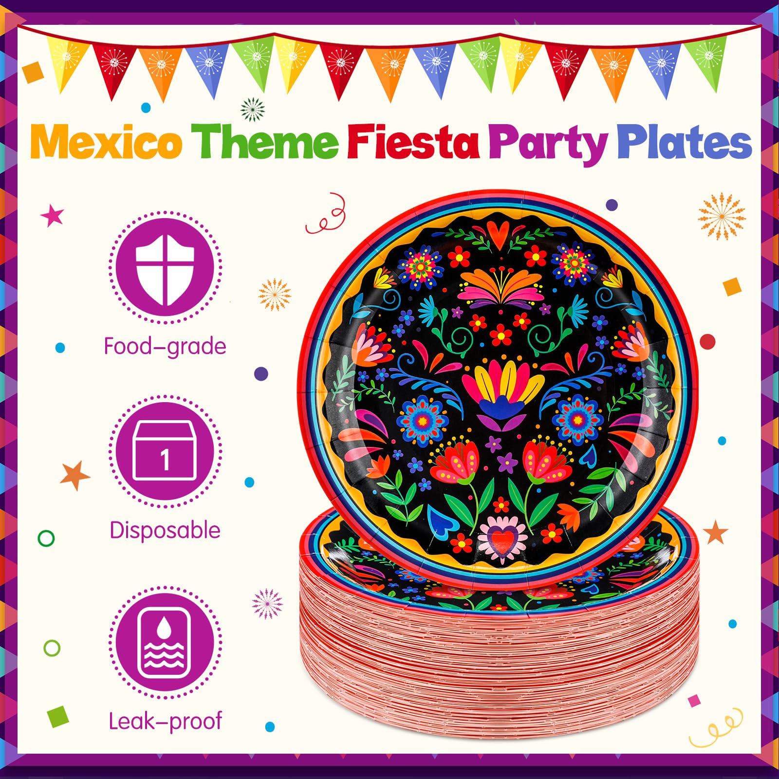 FillTouch 100 platos de papel desechables de fiesta del Cinco de Mayo de 7 pulgadas, platos de México temáticos de México, platos de fiesta para fiesta de cumpleaños, postre, cena de taco, vajilla