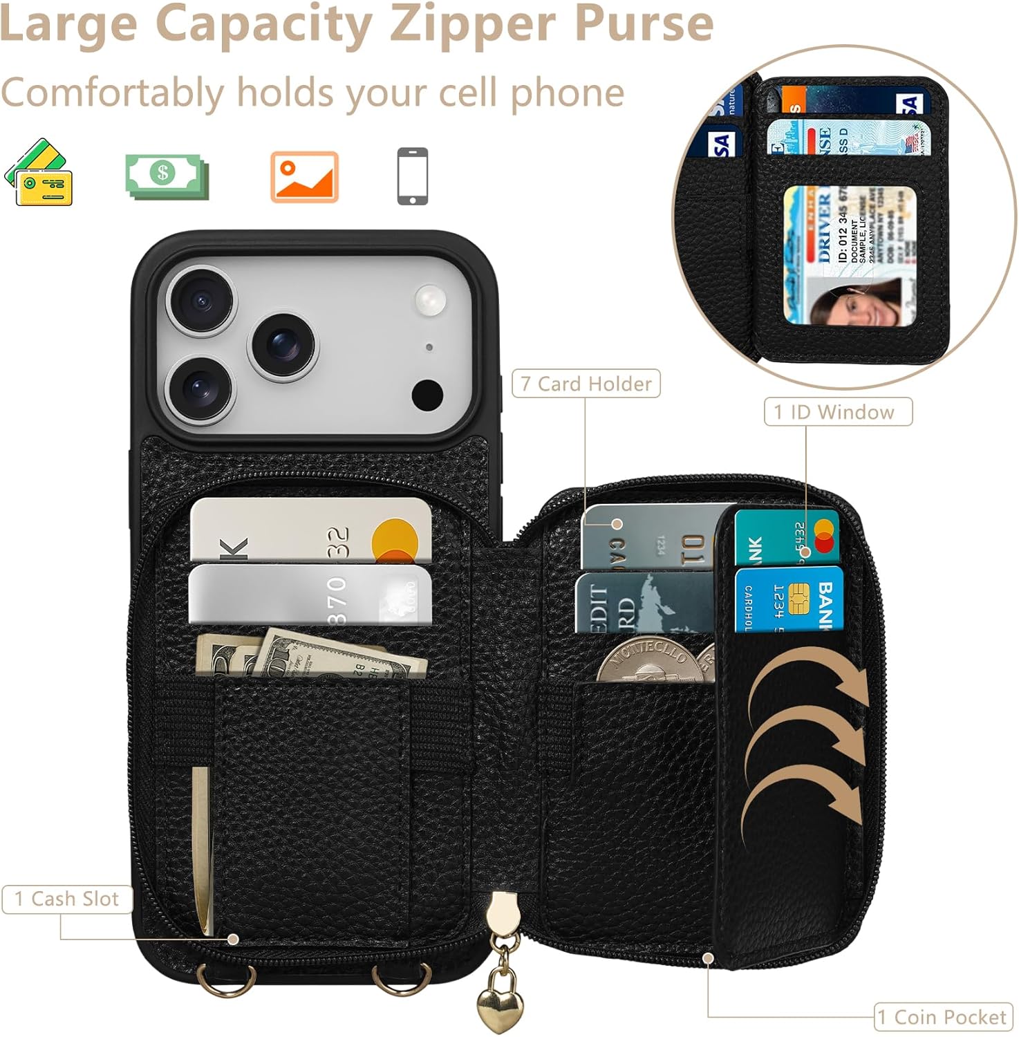 Keallce Case for iPhone 17 Pro Max 6.9'' Case Wallet, Crossbody Zipper Purse with RFID Blocking Card Slots Kickstand, Lanyard & Handstrap Flip Folio Leather Phone Cover for iPhone 17 Pro Max, Black