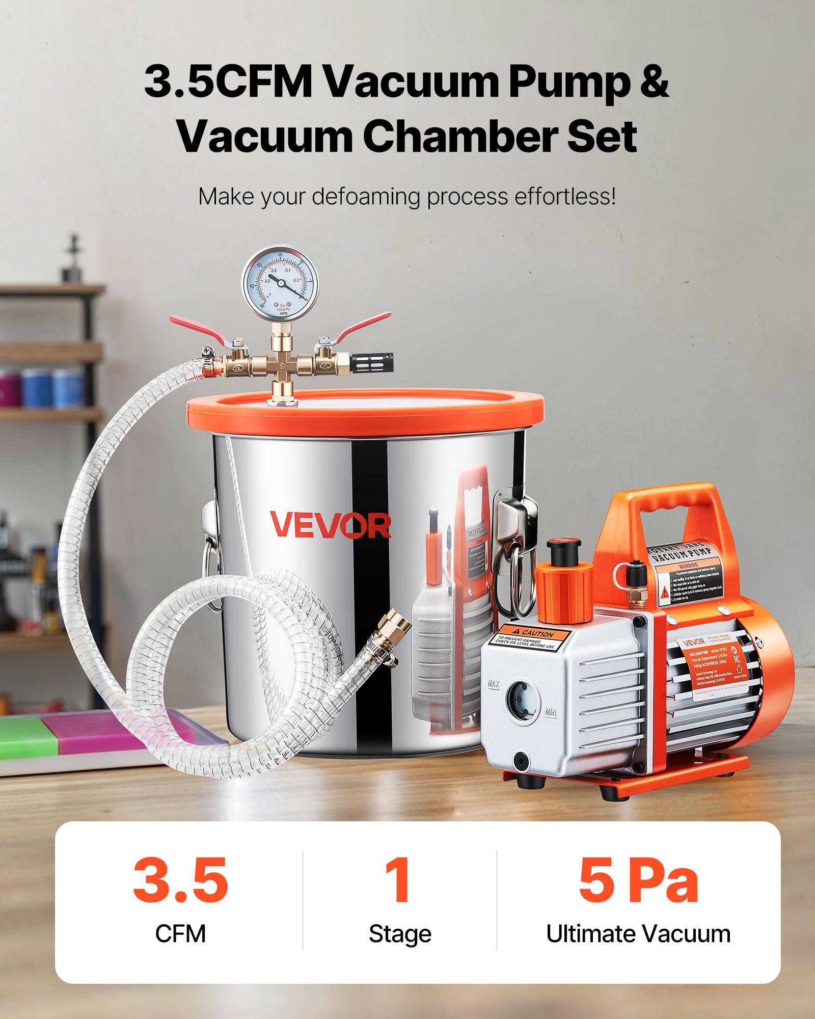 VEVOR 11,36 L Vakuumkammer mit Pumpe, 99 L/min, Edelstahl, Entgasungskammer-Kit, einstufig, Deckel aus gehärtetem Glas, 1,5 m Schlauch, zur Stabilisierung von Holzentgasungs-Silikonharz