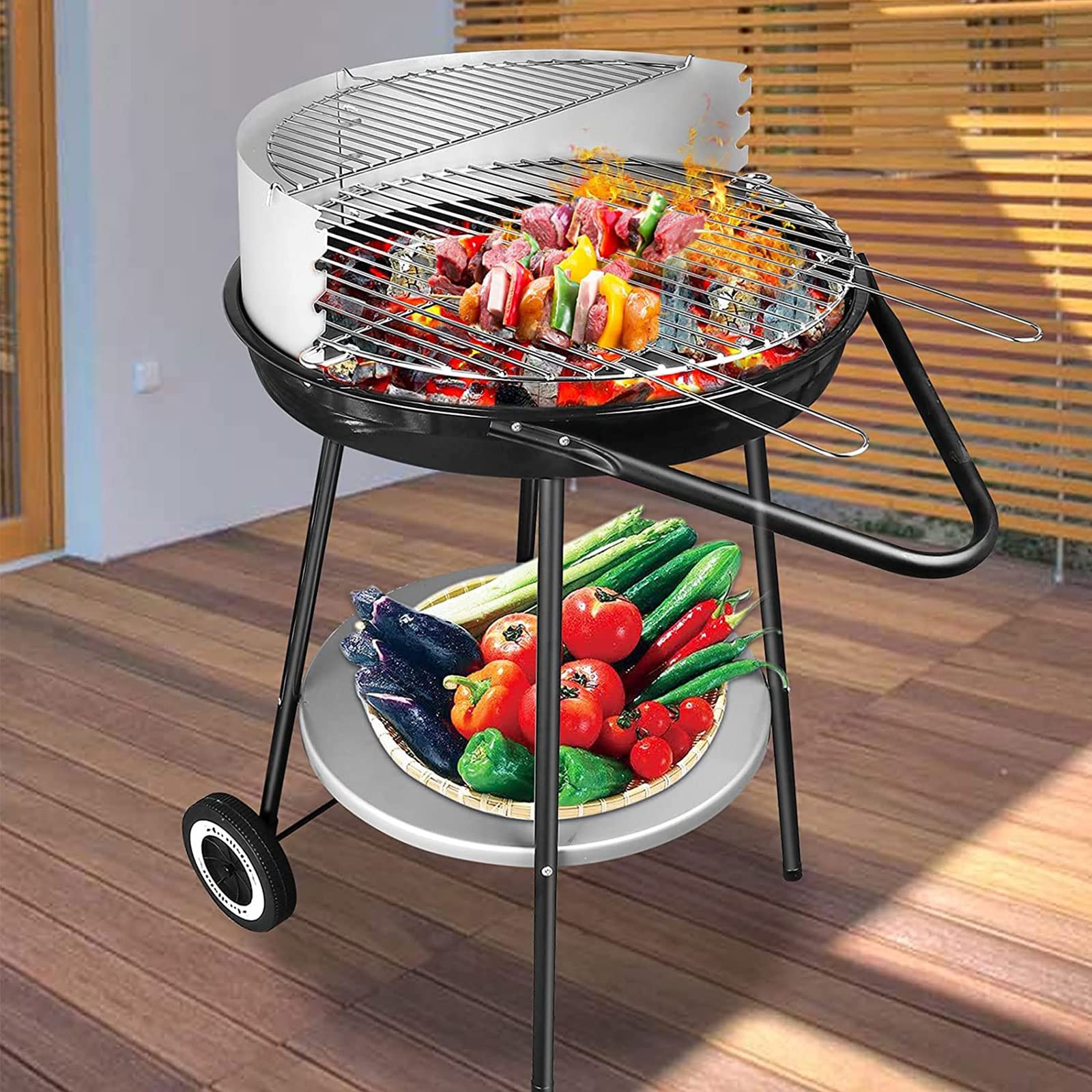 Przenośny składany grill ogrodowy, 20-calowy okrągły grill z przenośną półką i kółkami do grilla ogrodowego Piknik Family Party Camping
