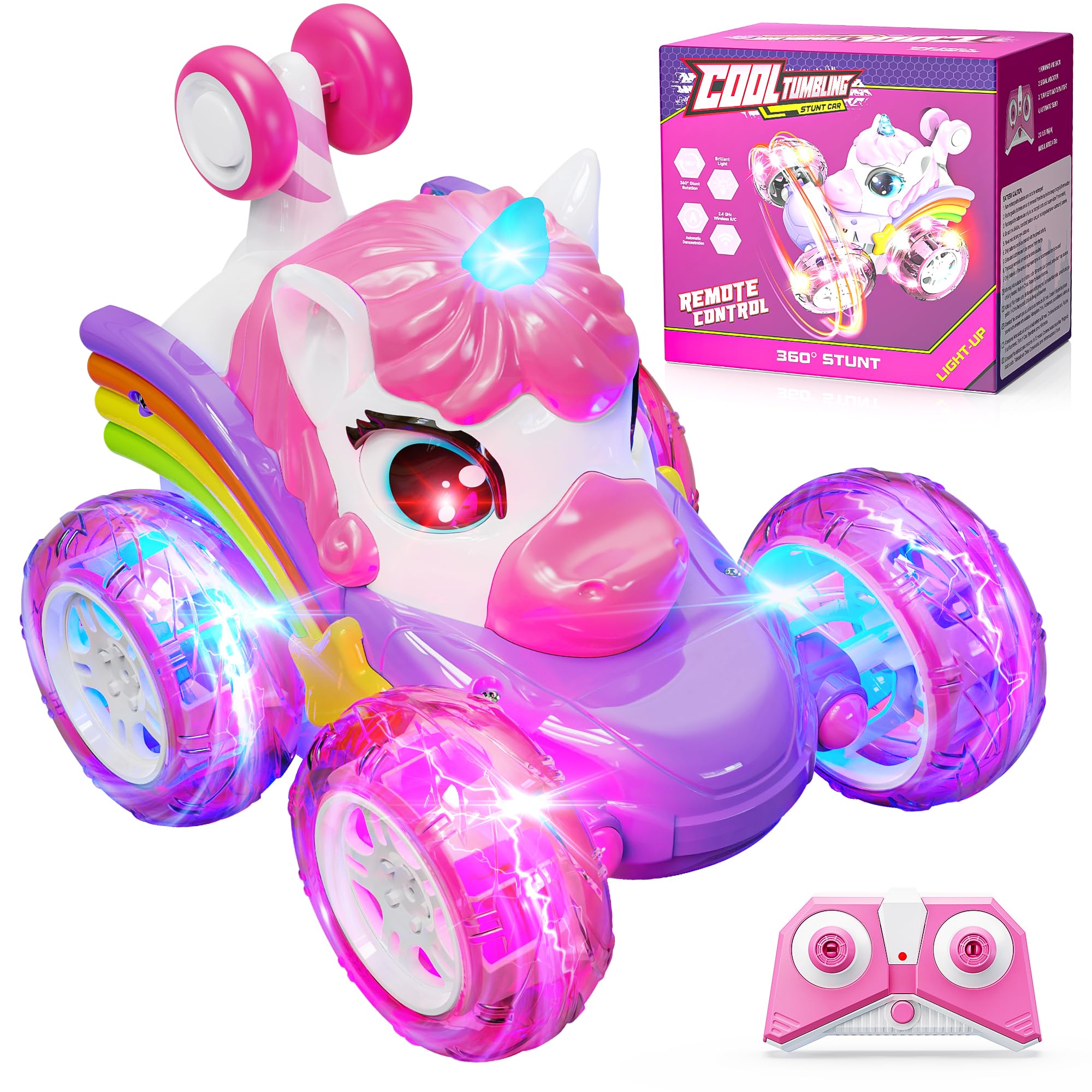 Hot Bee Remote Control Cars, Toy Cars for Kids Age 3 4 5 6, RC Stunt Car with LED Light, Unicorn Gifts for Girls, Unicorn Toys for 2 3 4 5 6 Year Old Girls