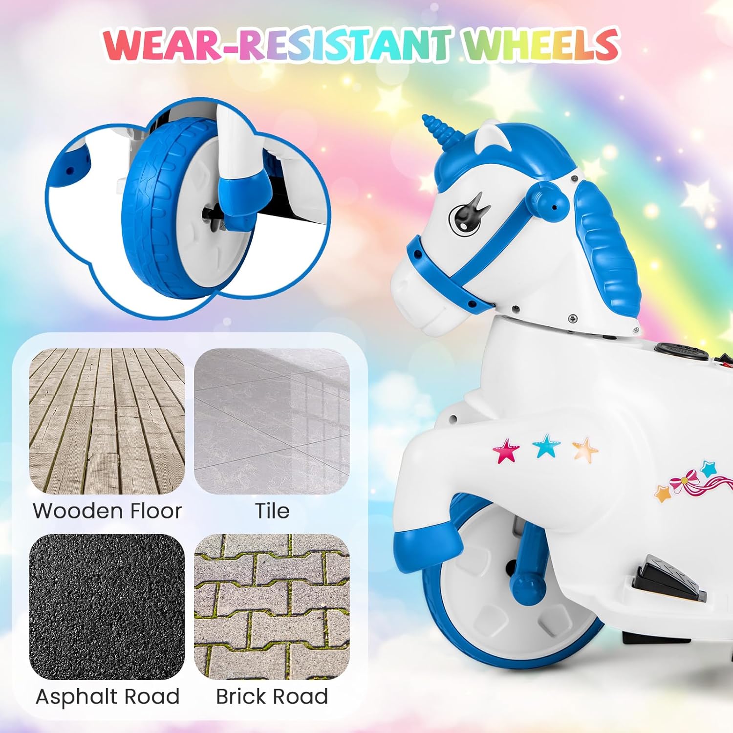 Image showing wear-resistant wheels and suitable surfaces like wooden floor, tile, asphalt road, and brick road.