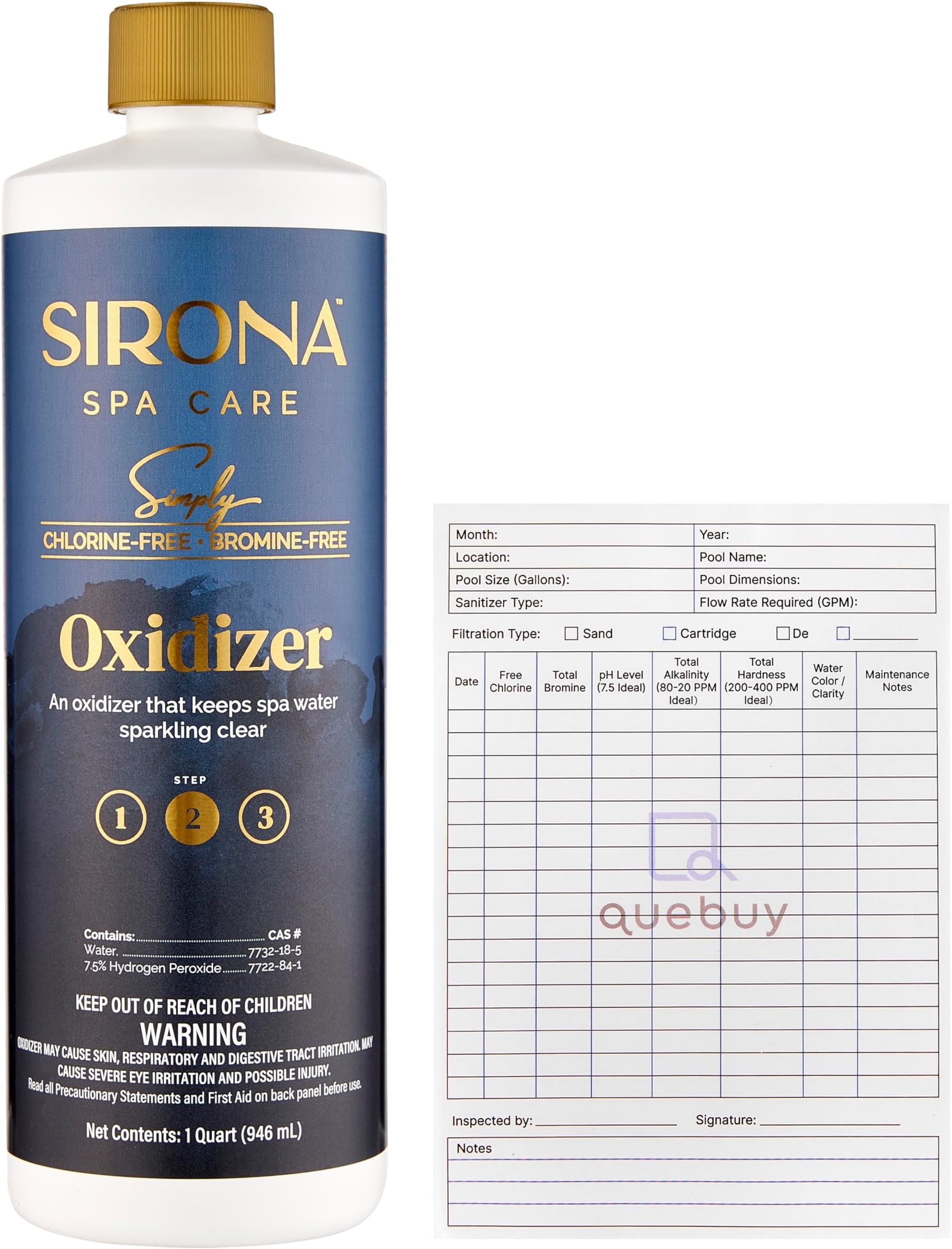 - Sirona Spa Care Simply Oxidizer 1 Quart – Chlorine-Free Bromine-Free Spa Oxidizer for Sparkling Clean Water – Step 2 Treatment – Includes QueBuy Pool Maintenance Log Book for Easy Water Tracking