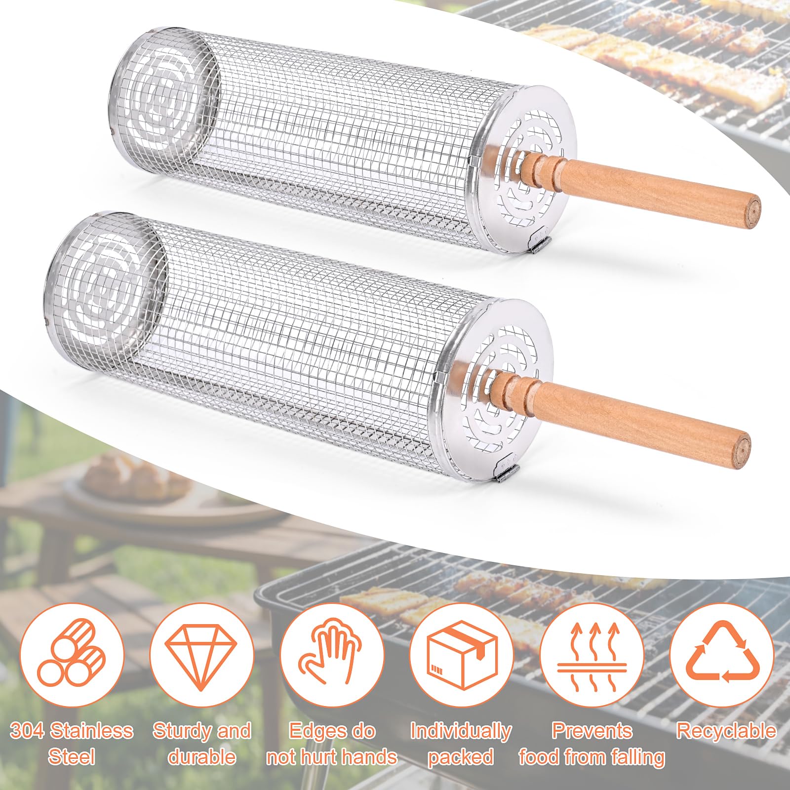 2er Set Grillkörbe Aus Edelstahl 304 Mit Holzgriffen – Perfekt Für Gemüse, Fisch & Fleisch