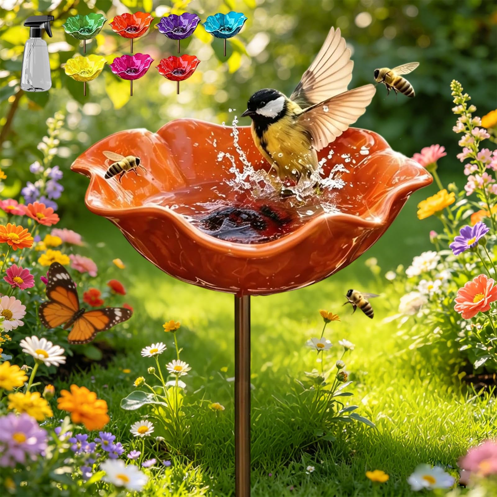 Handmade Metal Flower Garden Stake, Weather-Resistant Metal Flower Stakes with Bird Feeder & Bee Watering Station, Bird Bath Feeder for Outdoor Yard Lawn Patio Decoration (Orange)