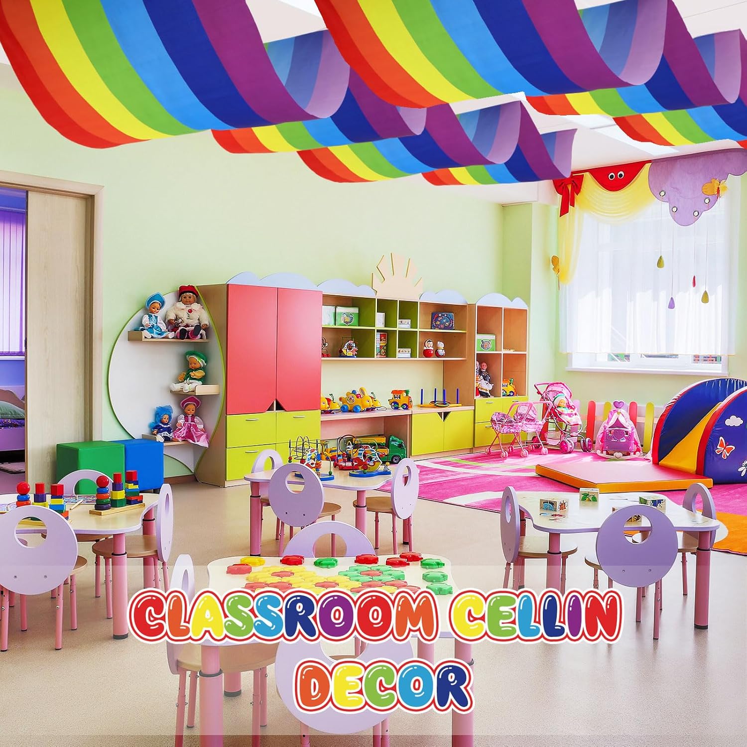 HunnmingRe 1 Pack Rainbow Ceiling Decorations 32 Inch x 16 ft Colorful Rainbow Hanging Banner with Tape Ceiling Decor for Birthday Party Classroom Daycare Nursery Decorations