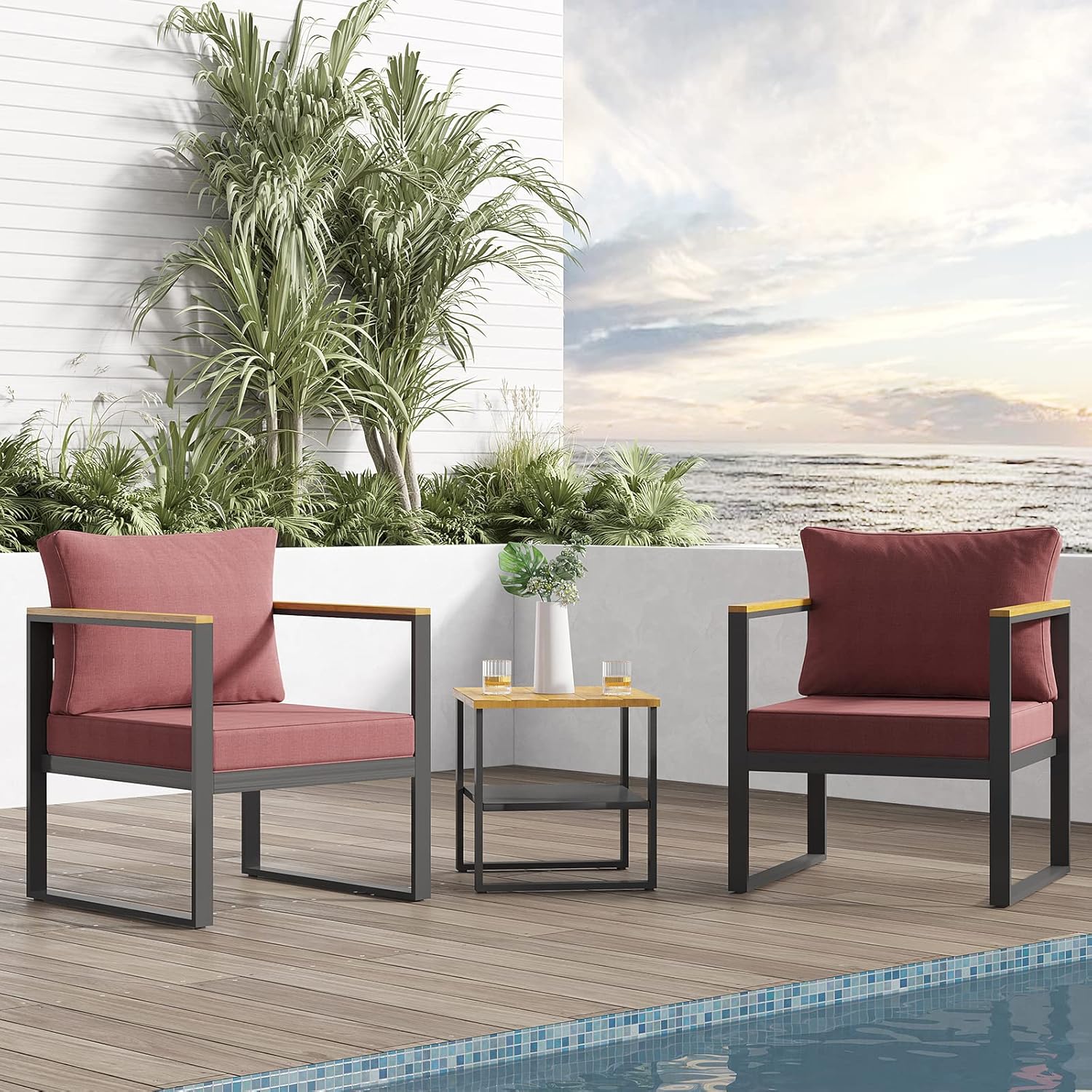 Bella Villa 3 Pieces Patio Set Outdoor Black Steel Patio Furniture Sets, 3 Pcs Modern Bistro Set with Water Resistant Cushion, Patio Conversation Sets with Coffee Table for Balcony and Lawn （Beige） : Patio, Lawn & Garden