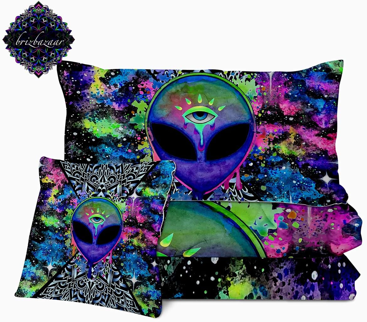 SleepWish Trippy Alien by Brizbazaar Comforter Set Hippie Full Size Set Colorful Psychedelic Bedding Neon Alien Bed Set Outer Space Tie Dye Bedspread for Teens Boys Girls (Full, Blue, 4 Pieces)