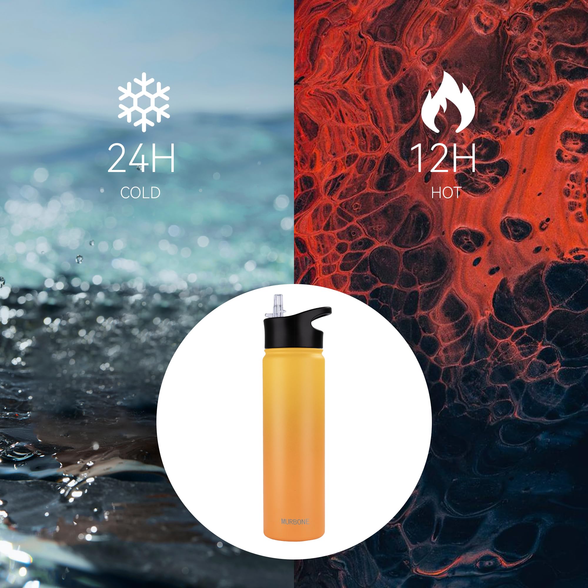 MURBONE Insulated Water Bottle, 750ml Stainless Steel Drink Flask with Straw, BPA Free, 2 Lids (Straw Lid and Spout Lid) - Image 2
