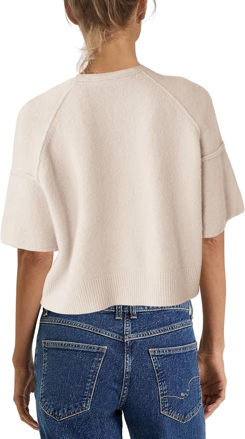 Nirovien Womens Casual Short Sleeve Cardigan Lightweight Button Down Knitted Sweater Crew Neck Cropped Tops - Image 4