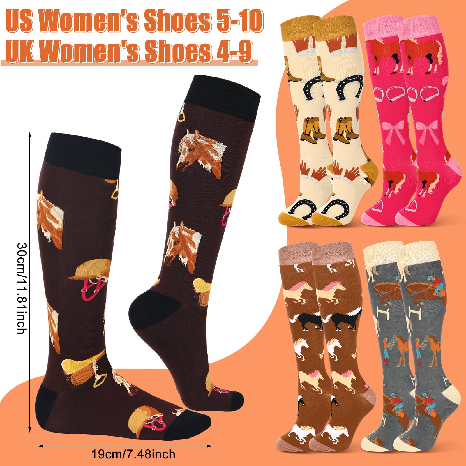 Sintege 5 Paia di Calzini da Equitazione da Donna Calzini Lunghi da Equitazione Calze Lunghe Colorate con Motivo Animalier Regalo Divertente per Cavalieri