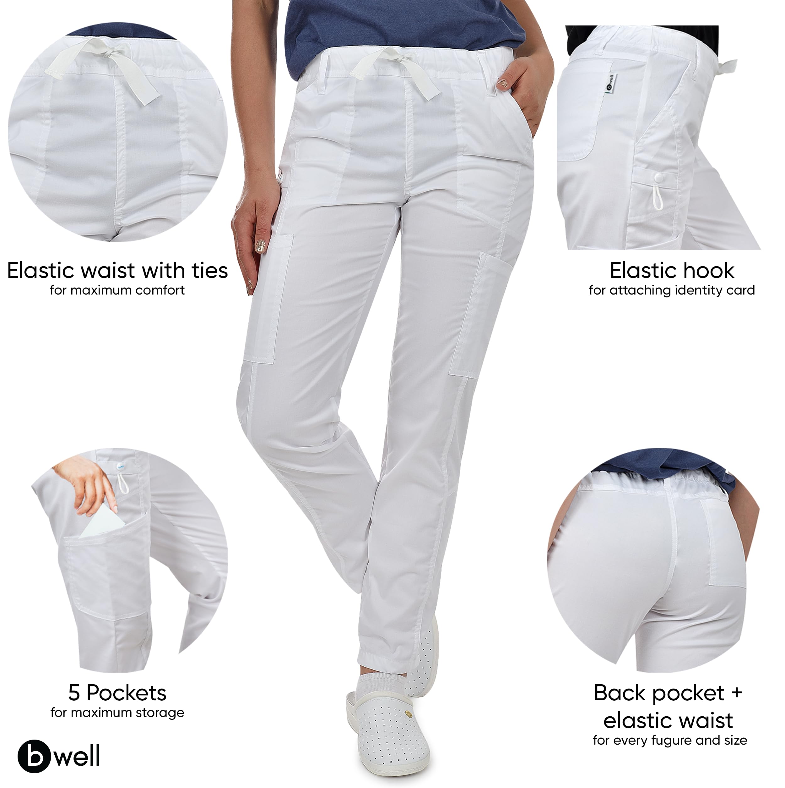 B-well Medizinische Schlupfhose Arbeitshose Dante 5 Taschen Unisex mit elastischem Bund und Gesäßtaschen Krankenhaus Uniformhose mit mittlerer Taille und Rundumgummibund