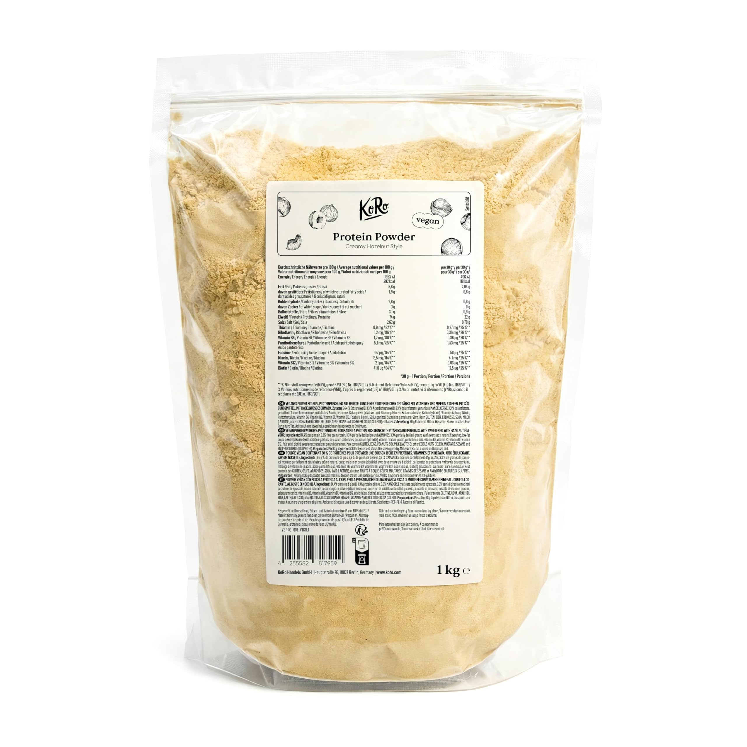 KoRo - Vegan Protein Powder Creamy Hazelnut Style 1 kg - 22,8 g Protein pro Portion - Ohne Zusatz von Soja - Cremige Textur & gute Löslichkeit
