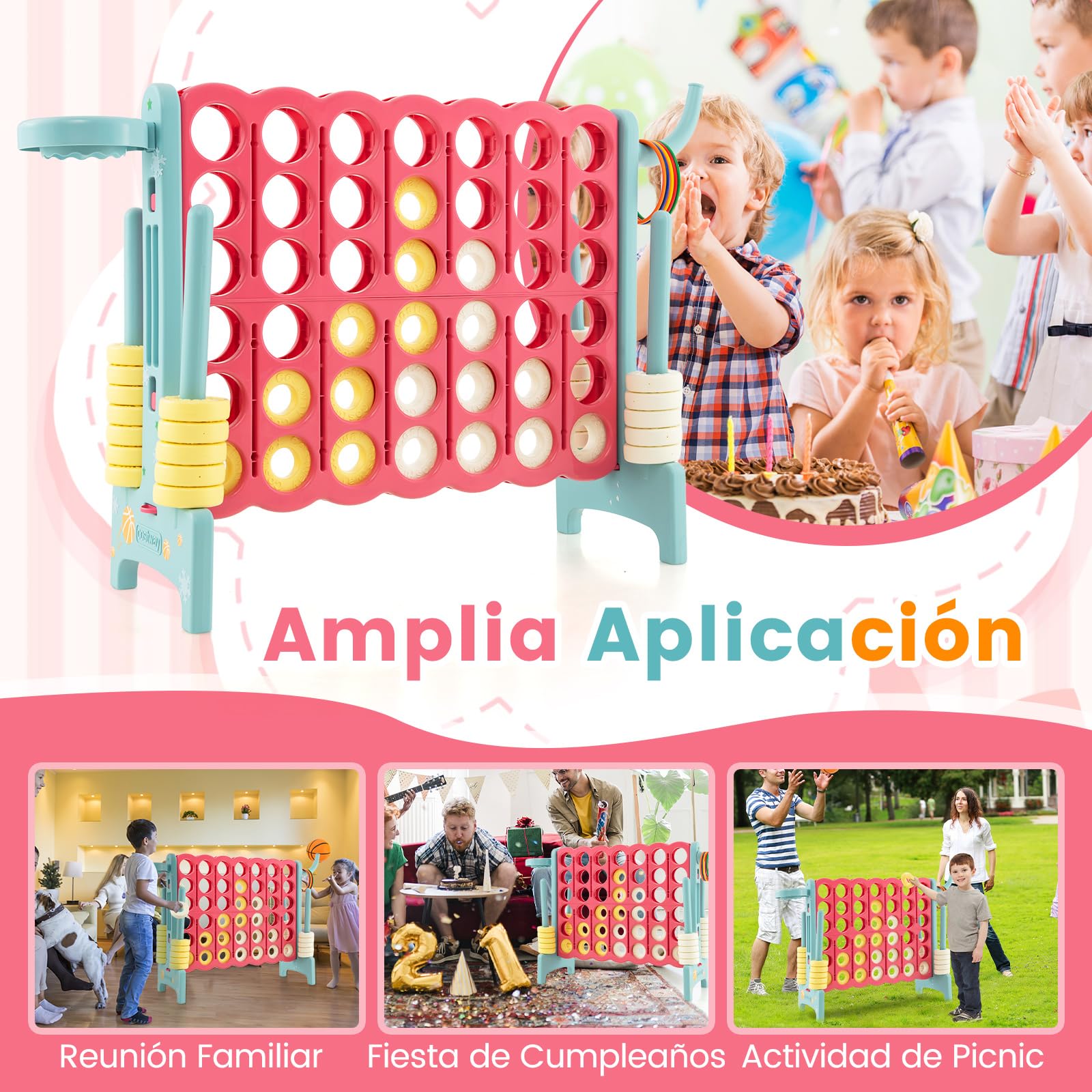 COSTWAY Conecta 4 Gigante, Mega 4 para Niños y Adultos, Juego de Exterior 74 cm con Canasta y Juego de Lanzamiento de Anillos, 42 Piezas Gigantes con Pegitinas y Boloncesto (Rojo y Azul)