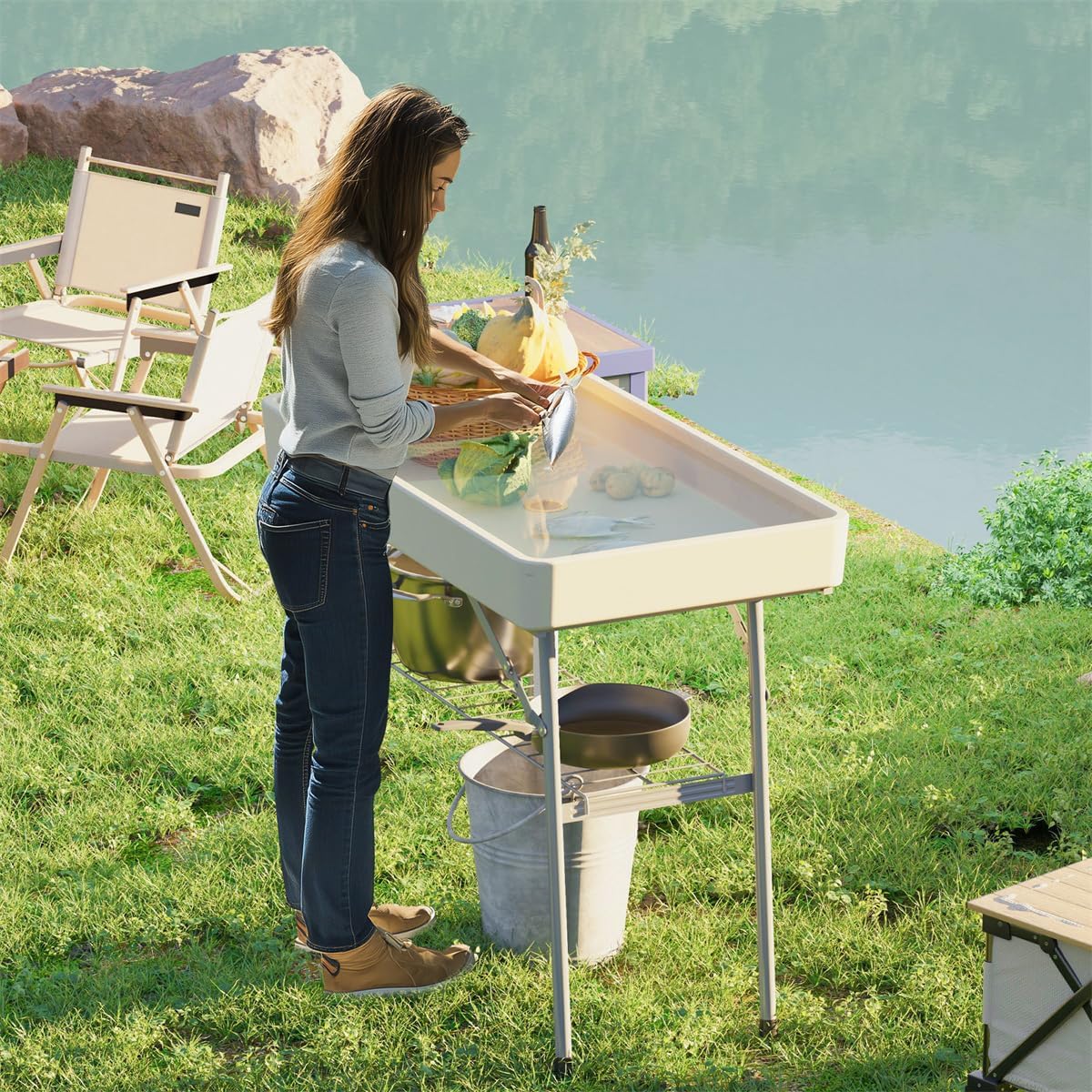 HDPE Camping Table, Portable Picnic Table for Outdoor, Beach, BBQ, Tailgating, RV, Patio, Ice Cooler Table for Parties, Ice Tables for Parties with Drain, Cooler Server for Camping, Picnic, Wedding