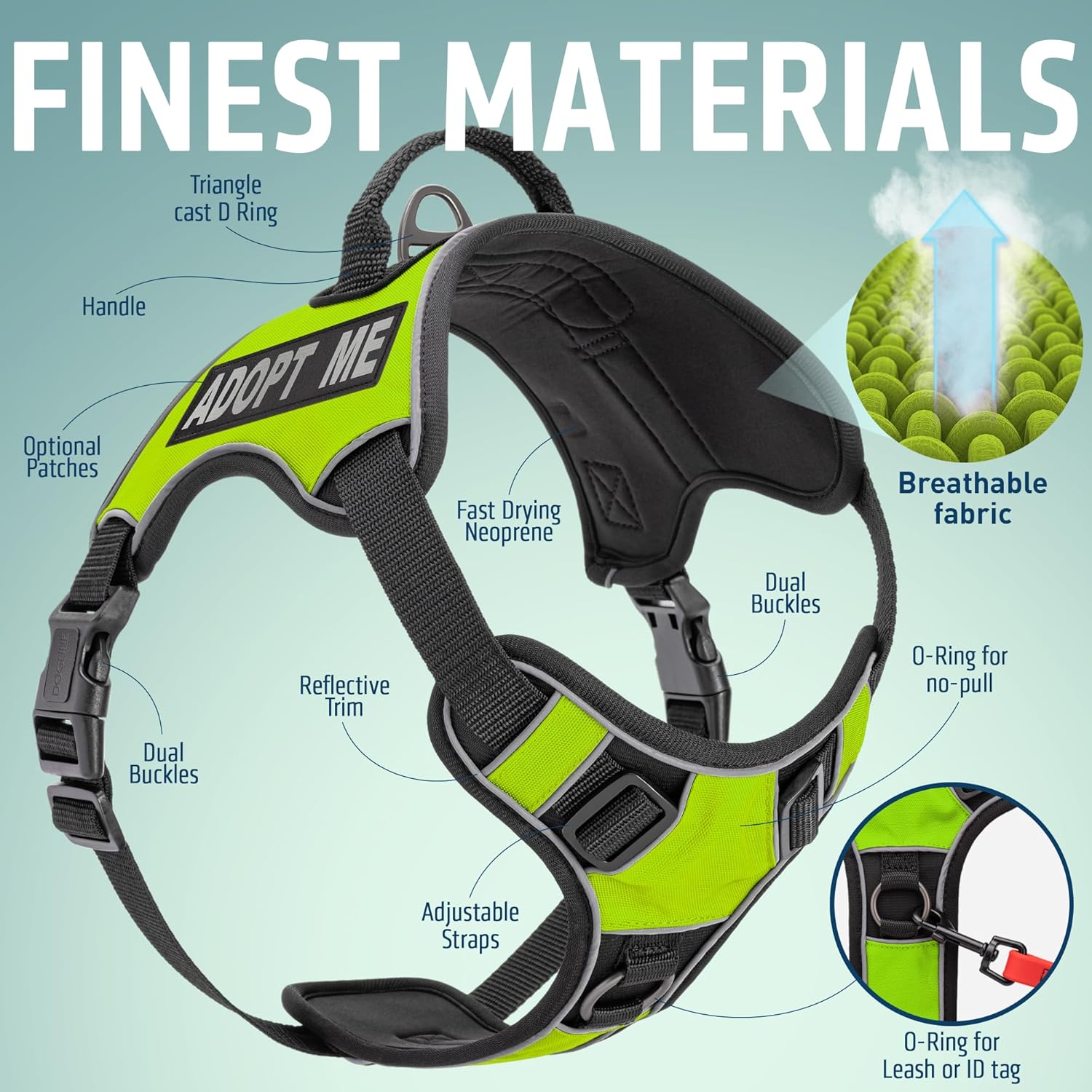 Dogline Quest No-Pull Dog Harness with Adopt Me Reflective Removable Patches Reflective Soft Comfortable Dog Vest with Quick Release Dual Buckles Black Hardware and Handle 15 to 18 inches Green