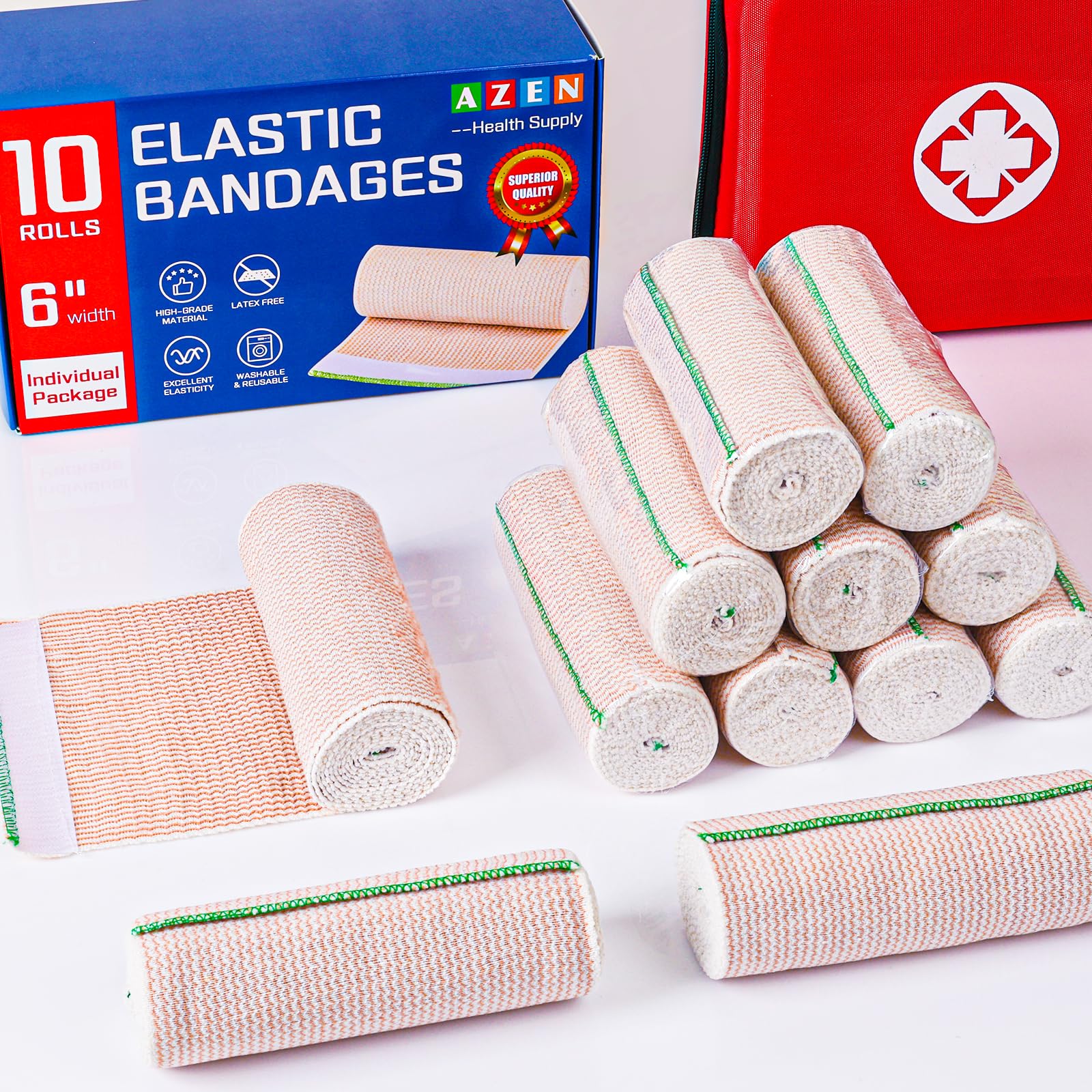 AZEN Paquete de 10 vendajes elásticos de alta calidad de 6 pulgadas, vendajes de compresión para piernas, vendas de linfedema para piernas, tobillo, rodilla, abdomen