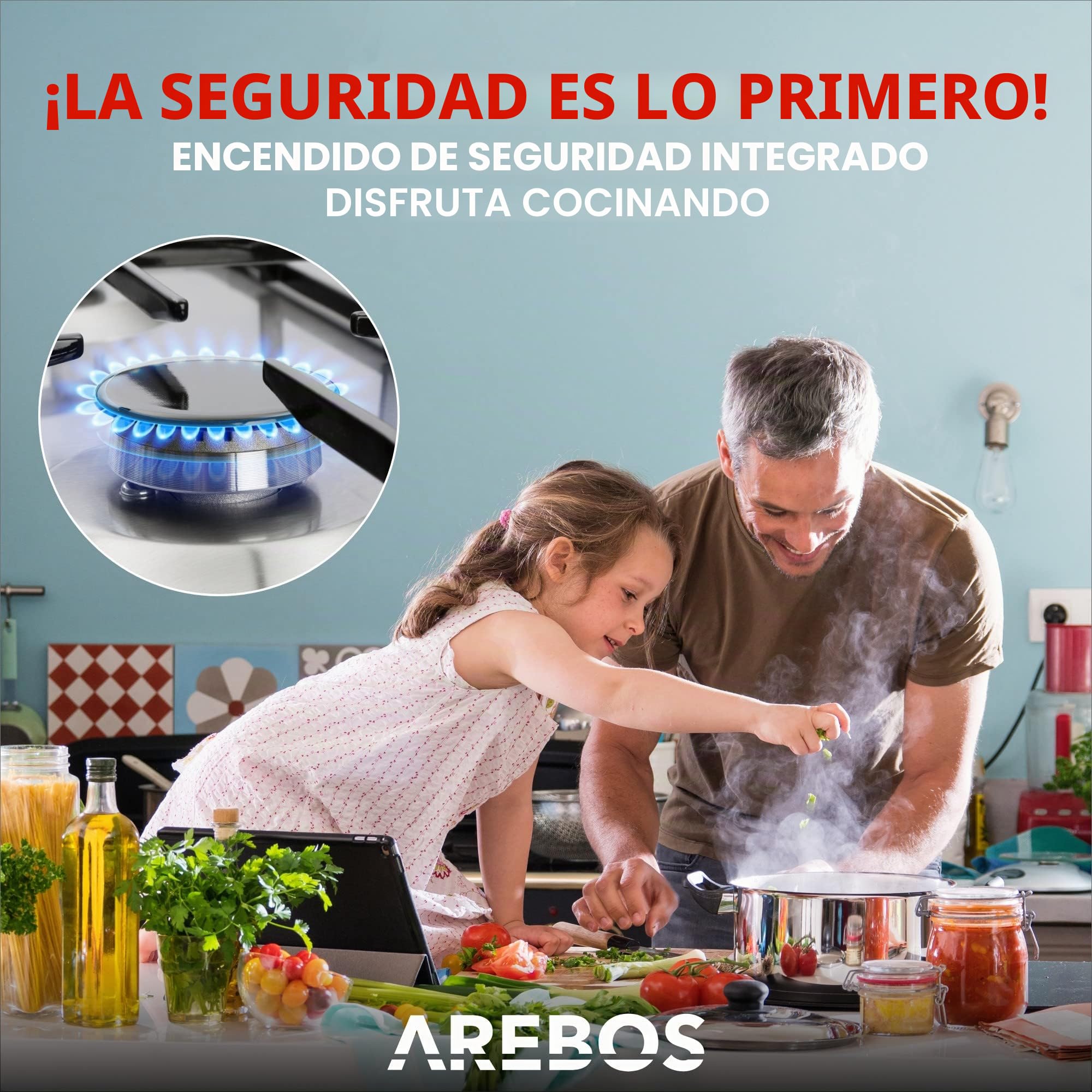 Arebos Placa de Cocina de Gas con 5 fogones | Acero inoxidable | Incluye rejilla y piloto de seguridad | Autosuficiente| Encimera Apta para gas natural y propano