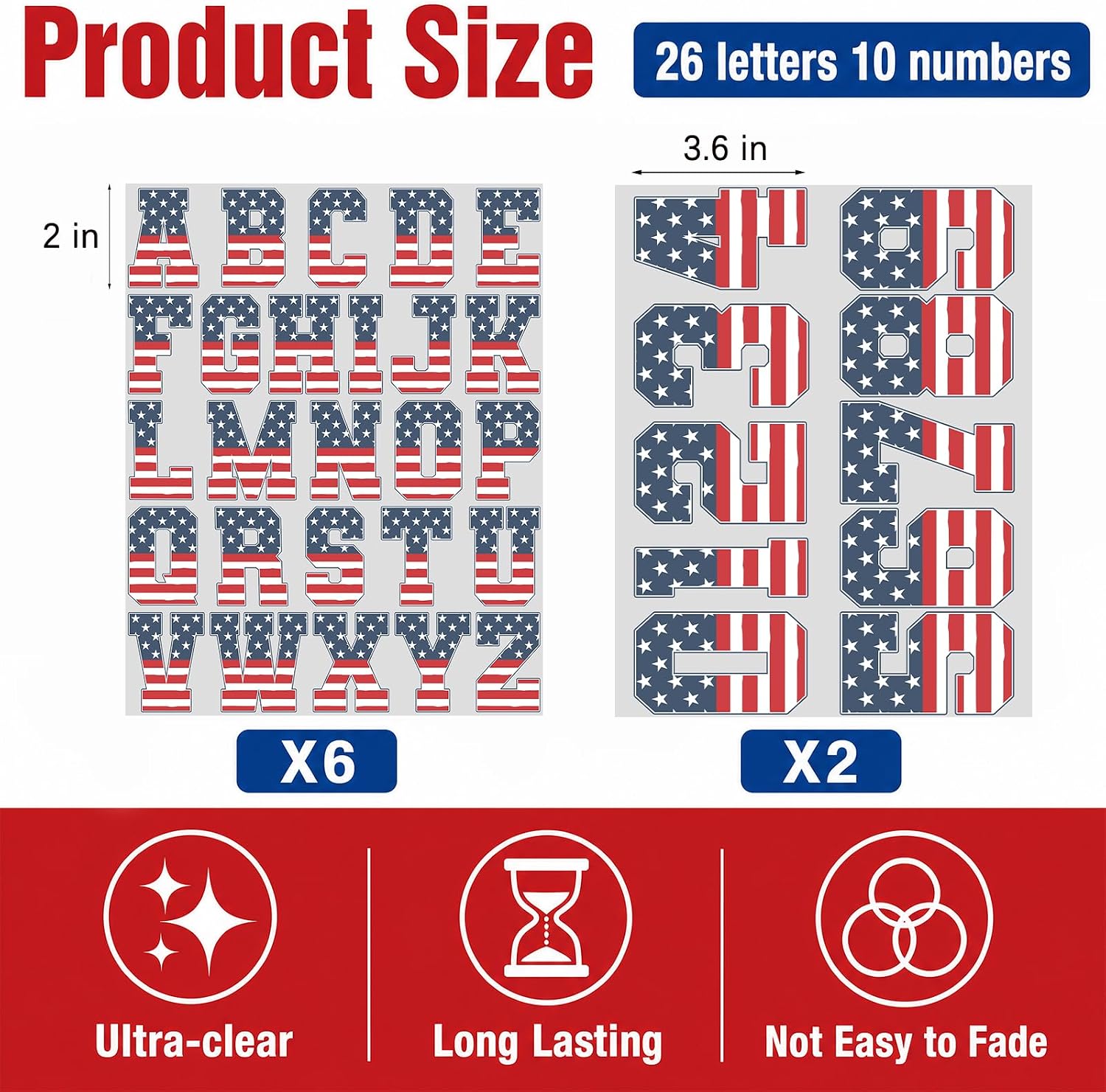 8 Sheets 176 Pcs 2 Inch A-Z Iron on Vinyl Letters & 3.6 Inch 0-9 Iron on Numbers Set, Iron on Letters and Numbers for Clothing, Jersey, Team Sport T Shirt DIY (4th of July)
