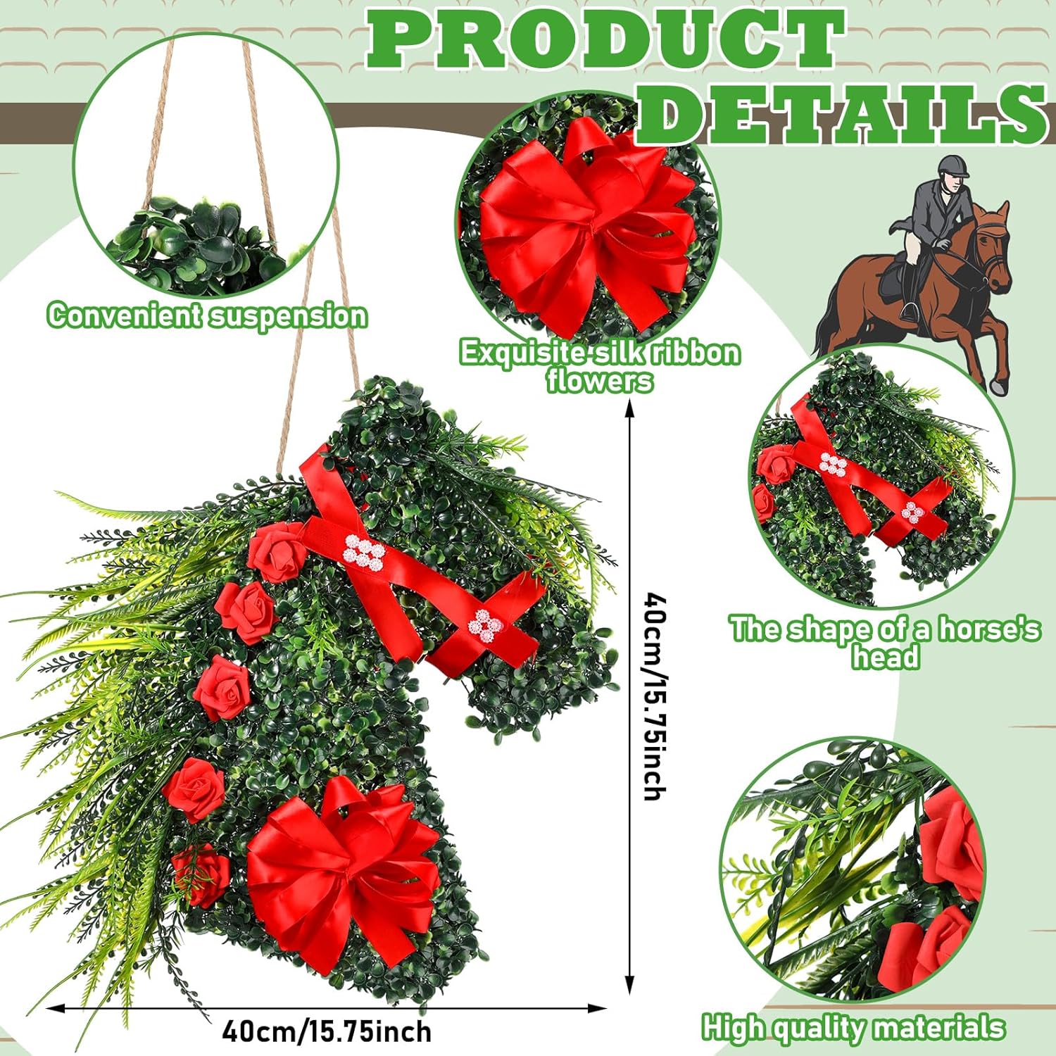 Kentucky Horse Derby Wreath Racing Front Door Wreath Horse Head Hanging Sign Derby Party Decorations for Wall Indoor Window Outside Outdoor Welcome Porch Party Supplies